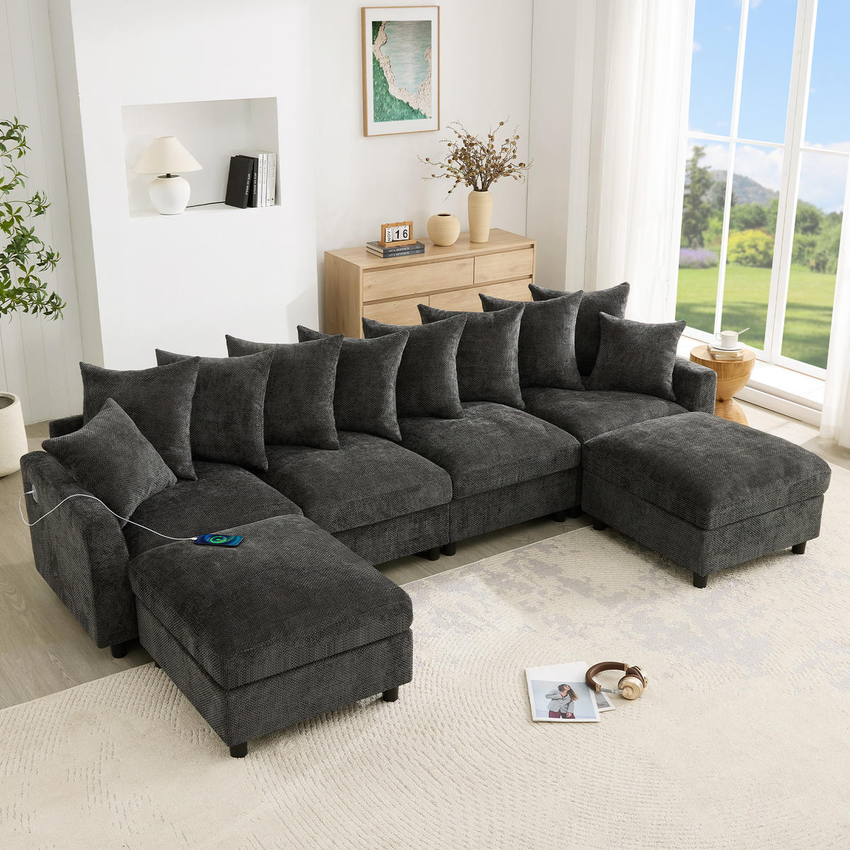 ECKSOFA Modular, Grau, Waffel-Chenille, 6-Sitzer, 2 Hocker - Grau, Textil (153.5/283cm)