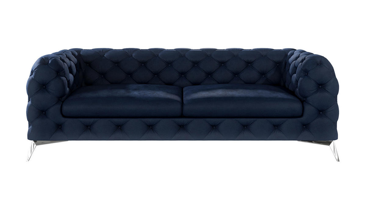 CHESTERFIELD-SOFA 3-Sitzer Laura Marineblau Samt - Silberfarben/Dunkelblau, Holz/Textil (225/75/100cm) - S-Style Möbel
