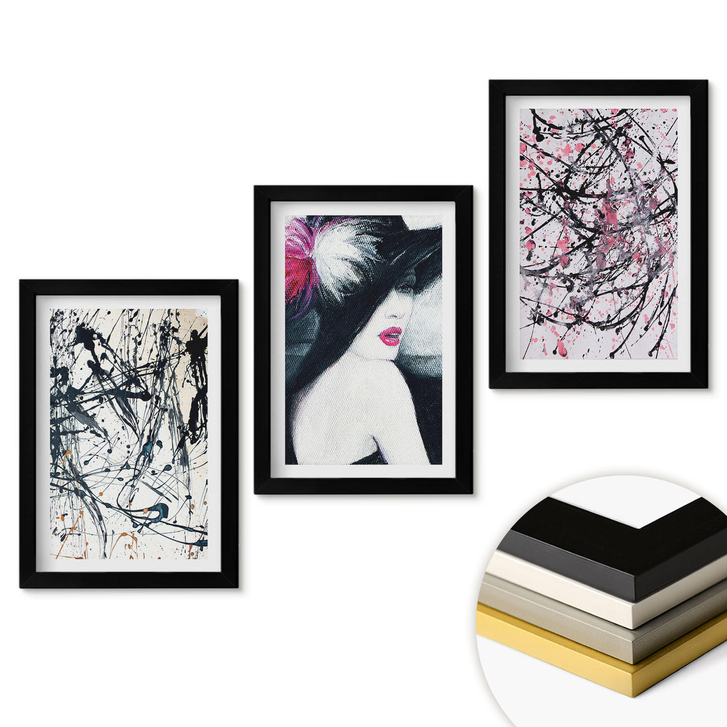 WANDBILDER 3er-Set - 20x30 cm Schwarzer Rahmen - Abstrakte Farbmuster Hut - Schwarz, Kunststoff (20/30cm) - ArtPrintCave