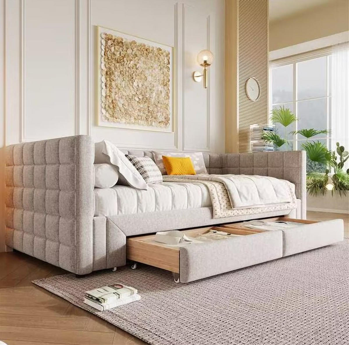 DENNÁ posteľ 90/200 cm béžová zo zamatu s výsuvným lôžkom a 2 zásuvkami - béžová, textil (90/200cm) - OKWISH