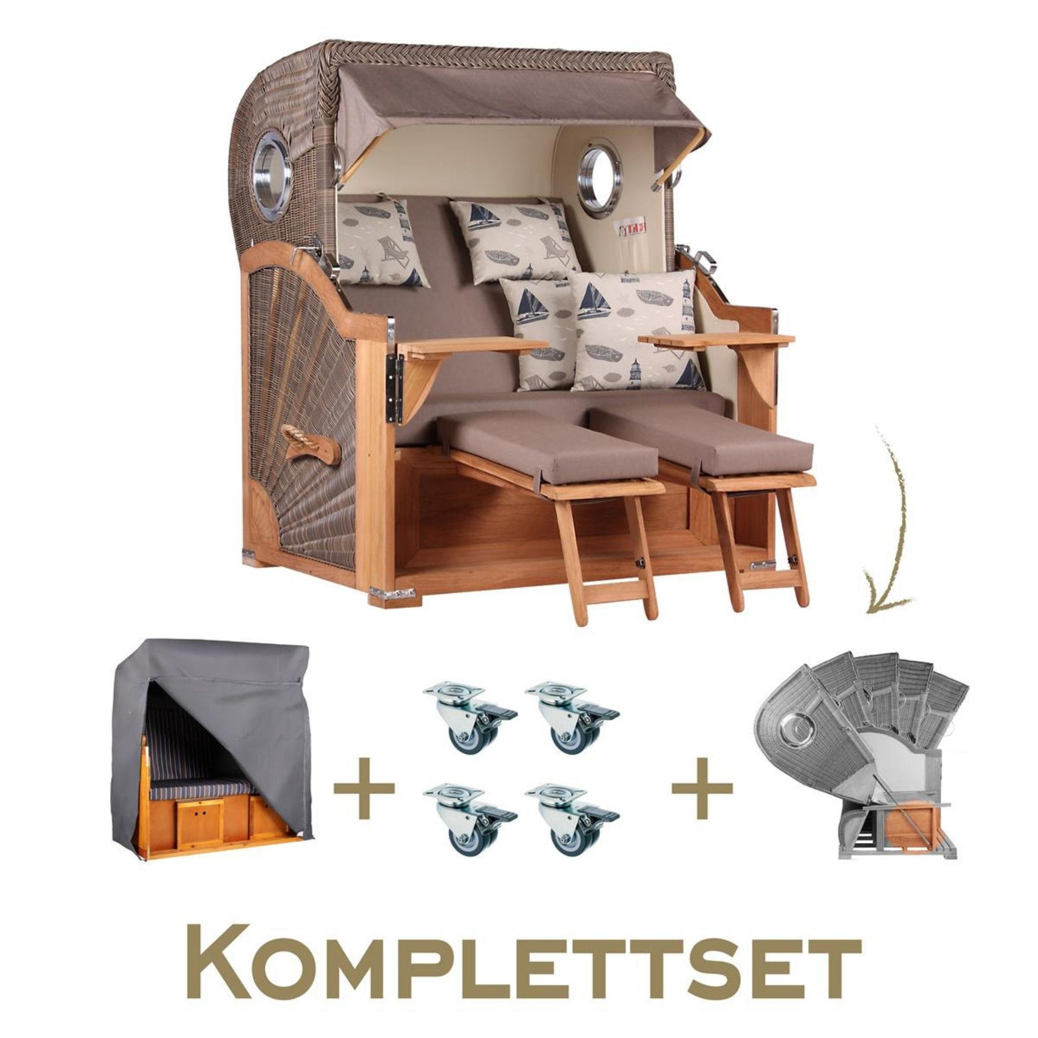 STRANDKORB Komplettset Baltikum Teak Bullauge PE Grey Dessin 540 - Braun, Naturmaterialien/Metall (142/170/95cm) - Mr. Deko