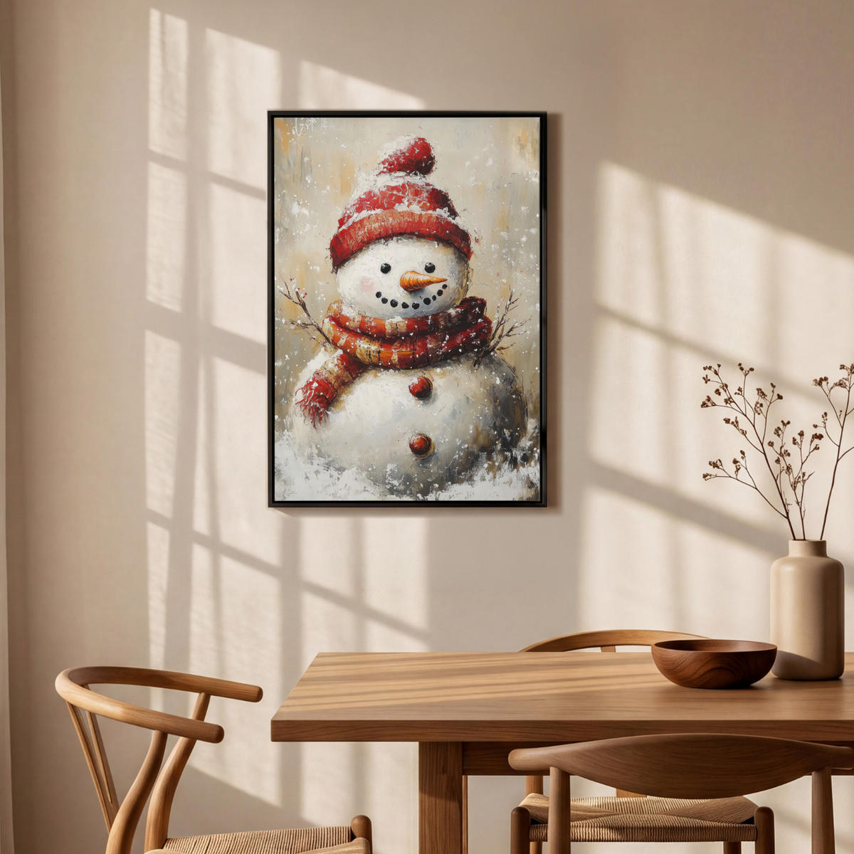 LEINWAND Bilder mit Rahmen - Schneemann - Winter - Schnee - Beige - 60x90 - Weiß, Textil (60/90cm) - MuchoWow
