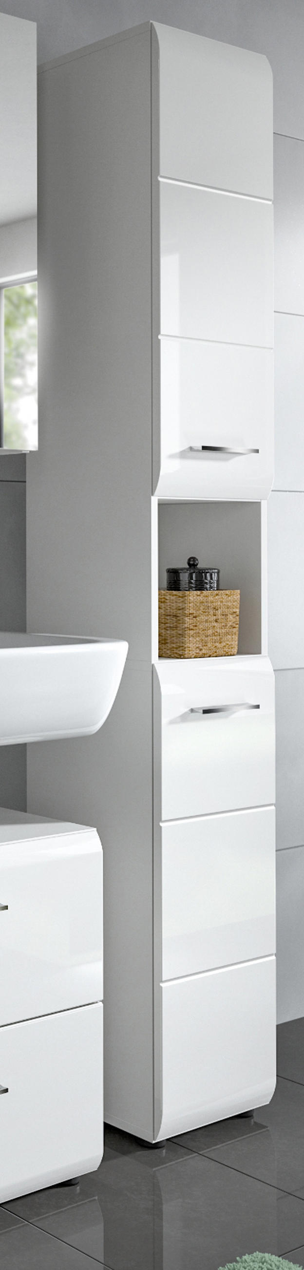 HOCHSCHRANK weiß Hochglanz, Badschrank 30 cm mit viel Stauraum - Weiß Hochglanz/Silberfarben, Holzwerkstoff/Kunststoff (30/185/30cm) - Inn.Furn