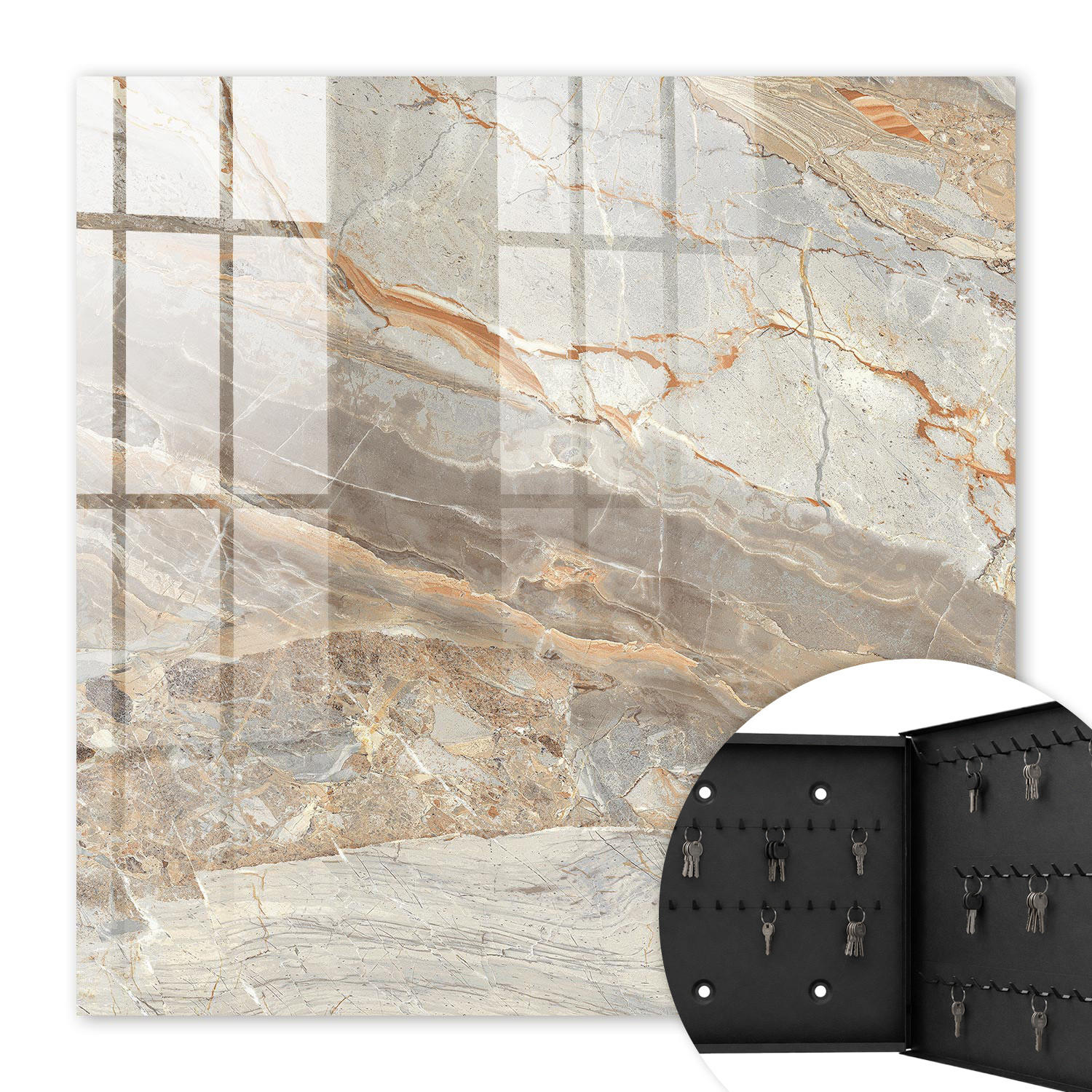 SCHLÜSSELBOX Schwarz 30x30 cm- Türöffnung nach rechts - Eleganter Marmor - Grau, Metall (30/30/5cm) - TULUP