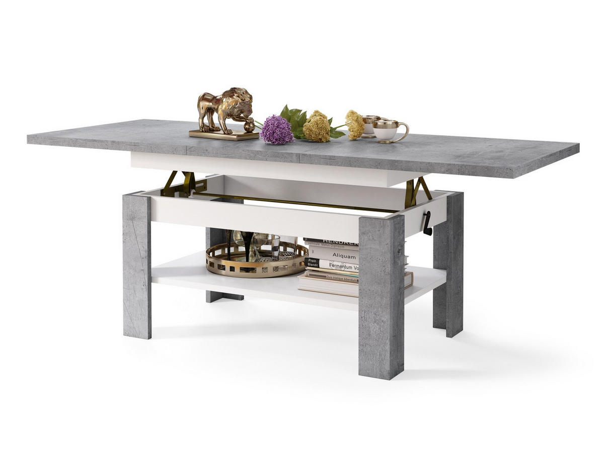 COUCHTISCH rechteckig Beton - Weiß ausziehbar höhenverstellbar - Hellgrau/Weiß, Holzwerkstoff (65/130/58cm) - designimpex