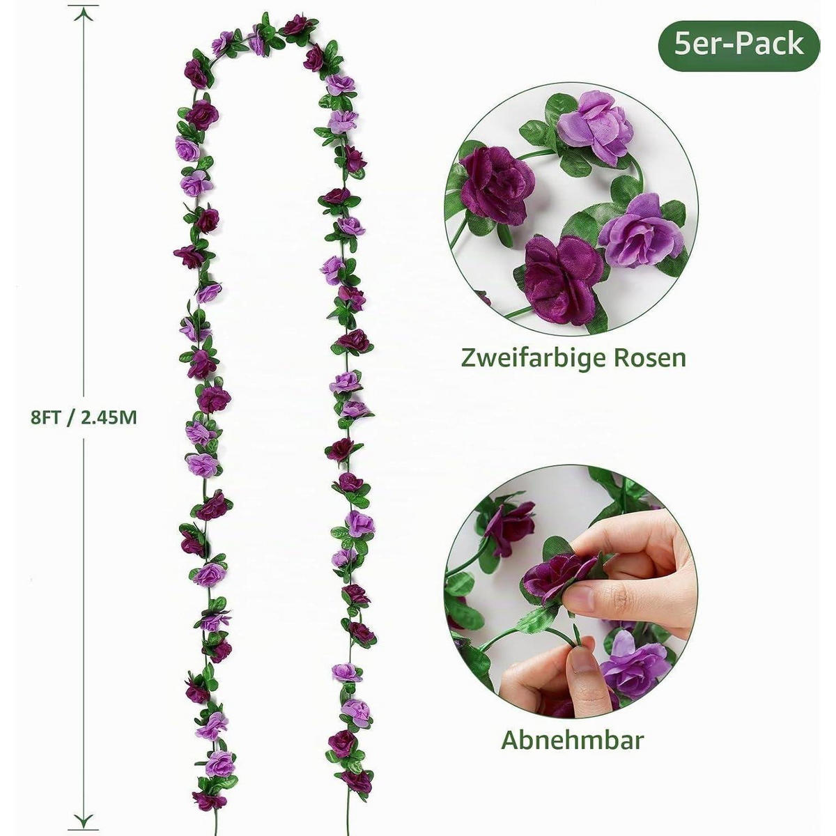 KÜNSTLICHE Blumengirlande 5 Stück Lila Rosen 2,45 m - Multicolor, Kunststoff (1cm)