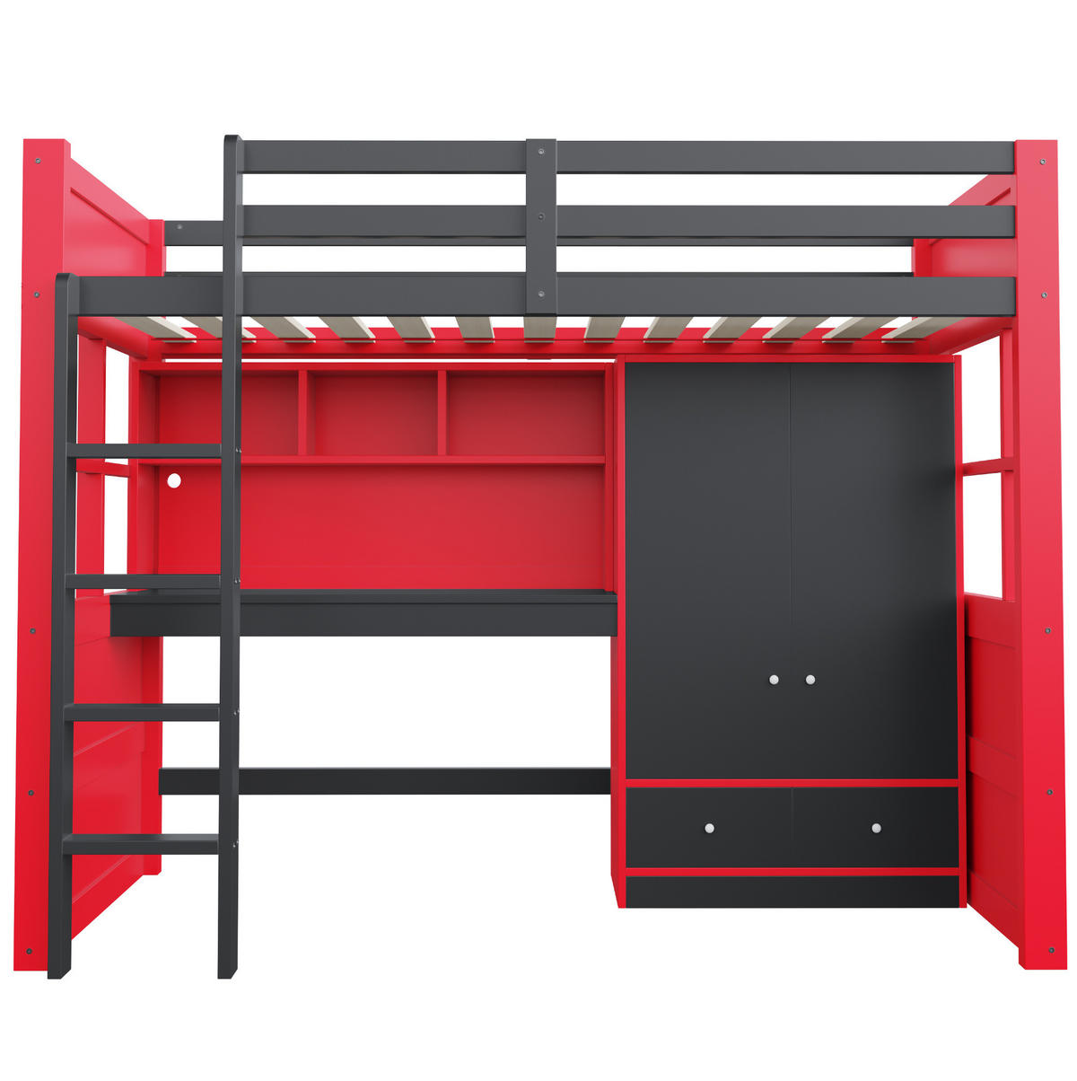 HOCHBETT 90x200 cm in Schwarz-Rot mit Schreibtisch, Kleiderschrank und LED-Beleuchtung - Schwarz, Holz (90/200cm) - IVMEU