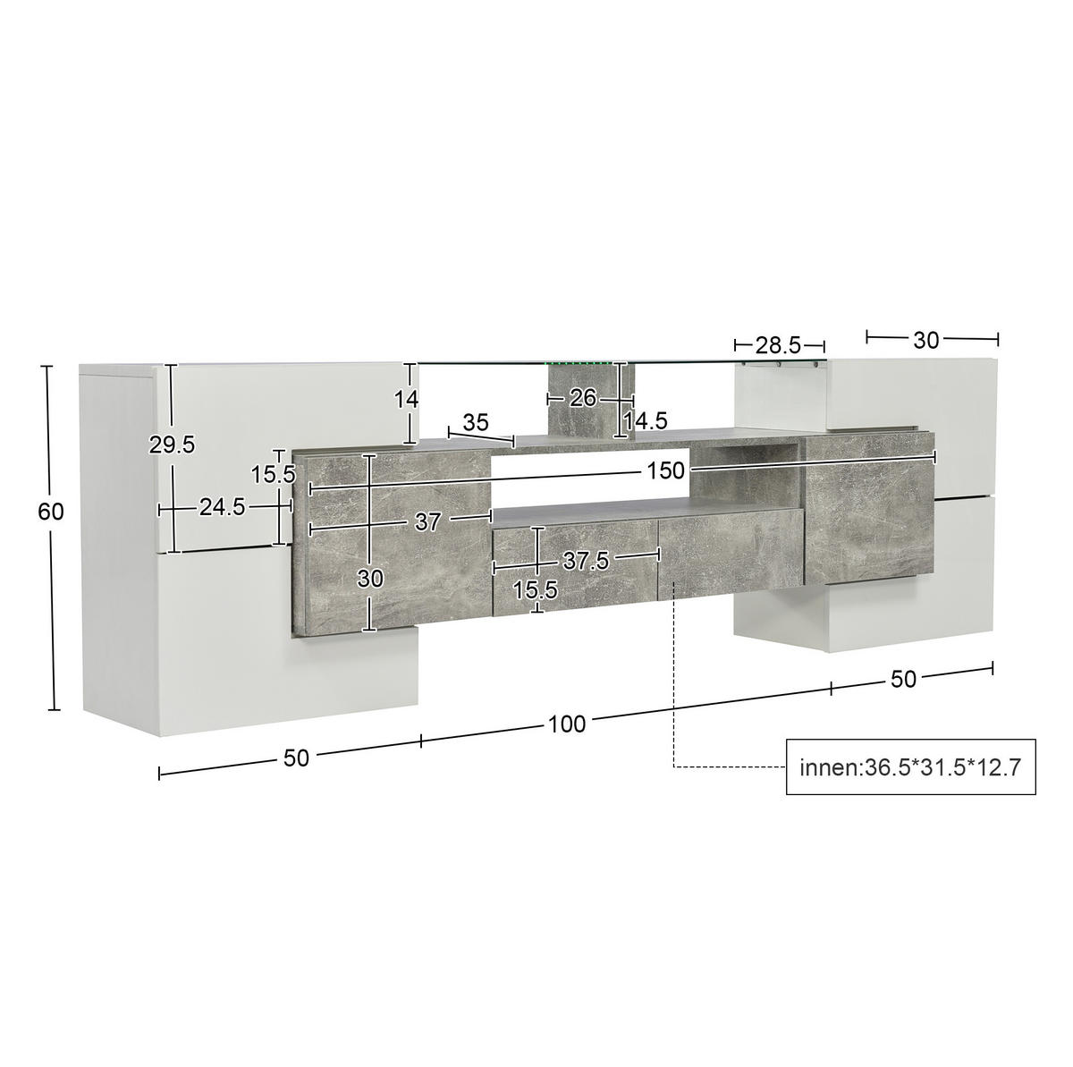 TV-LOWBOARD aus MDF 200x35x60 cm Weiß-Grau mit LED-Beleuchtung und großzügigem Stauraum - Weiß, Holzwerkstoff (200/60/35cm) - Modfu