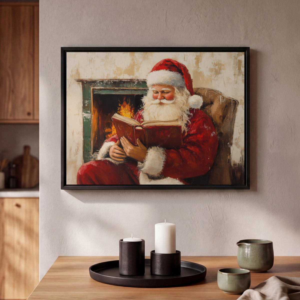 LEINWAND Bilder mit Rahmen - Weihnachten - Weihnachtsmann - Winter - Open Fireside - 40x30 - Dunkelrot, Textil (40/30cm) - MuchoWow