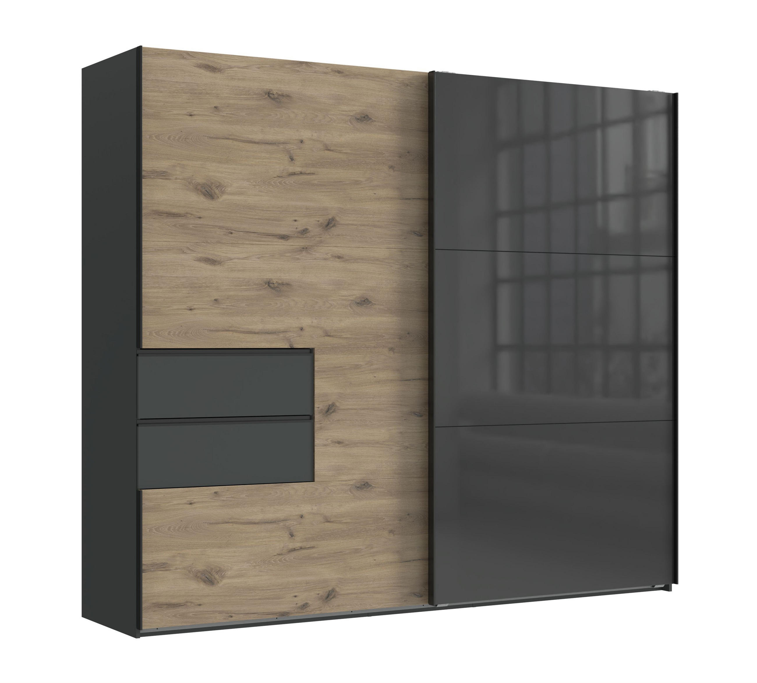 SCHWEBETÜRENSCHRANK B250/H216/T65 cm, Korpus+Schubladen Grafit, Türen eichefarben / Glas Grau, inkl. Vollausstattung / 22052 - Eichefarben/Schwarz, Holzwerkstoff/Metall (250/216/65cm) - luma-home