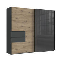 SCHWEBETÜRENSCHRANK B250/H216/T65 cm, Korpus+Schubladen Grafit, Türen eichefarben / Glas Grau, inkl. Vollausstattung / 22052 - Eichefarben/Schwarz, Holzwerkstoff/Metall (250/216/65cm) - luma-home