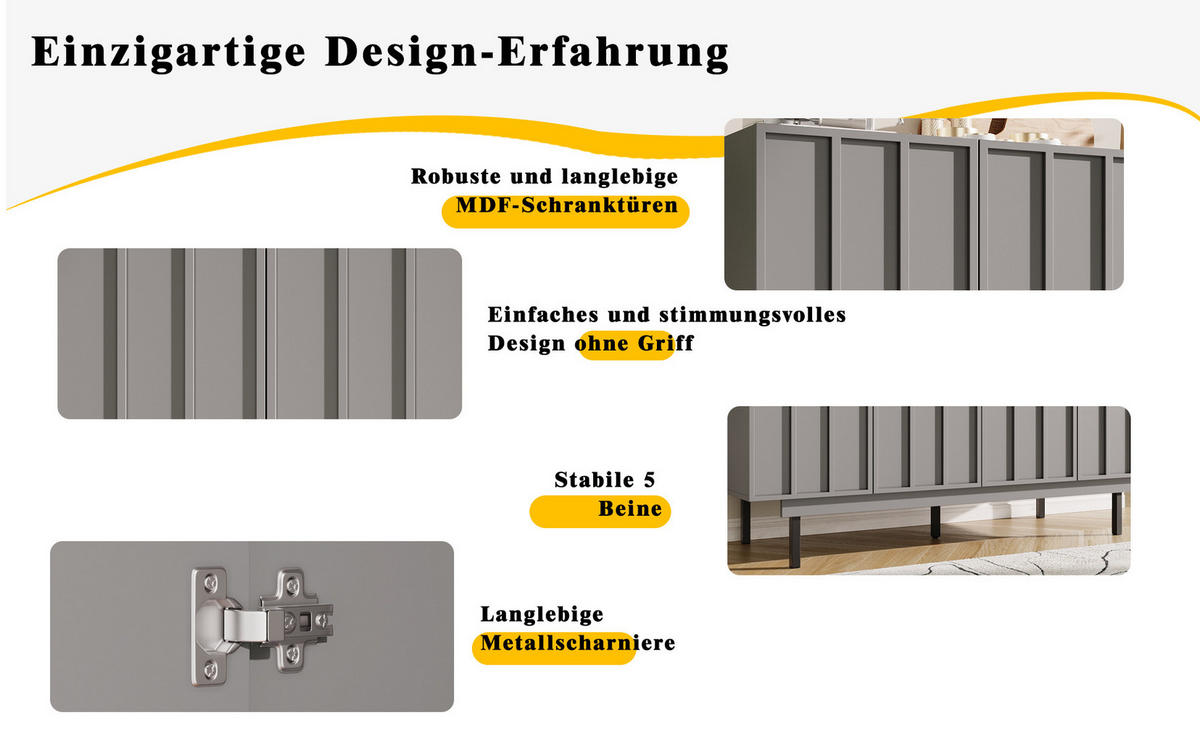 SIDEBOARD mit 4 Türen und verstellbaren Regalen, 140/38.5/82.5cm - Grau, Holzwerkstoff (140/82.5/38.5cm) - Urban Meuble