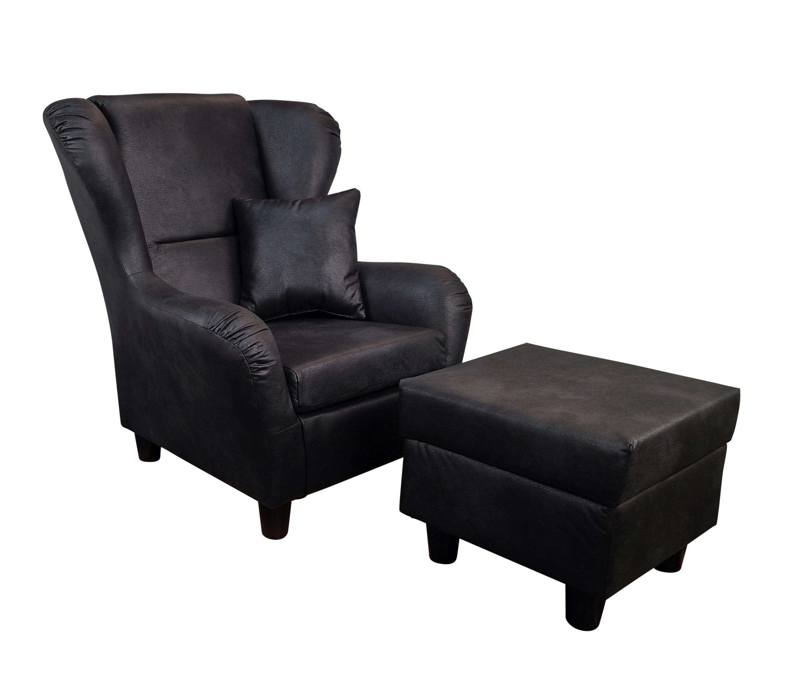 OHRENSESSEL mit HOCKER, hoher Sitzkomfort durch Wellenunterfederung B90/H98/T76 cm, Mikrofaser Leder-Optik Vintage Schwarz / 18007 - Schwarz, Holz/Textil (90/98/76cm) - luma-home