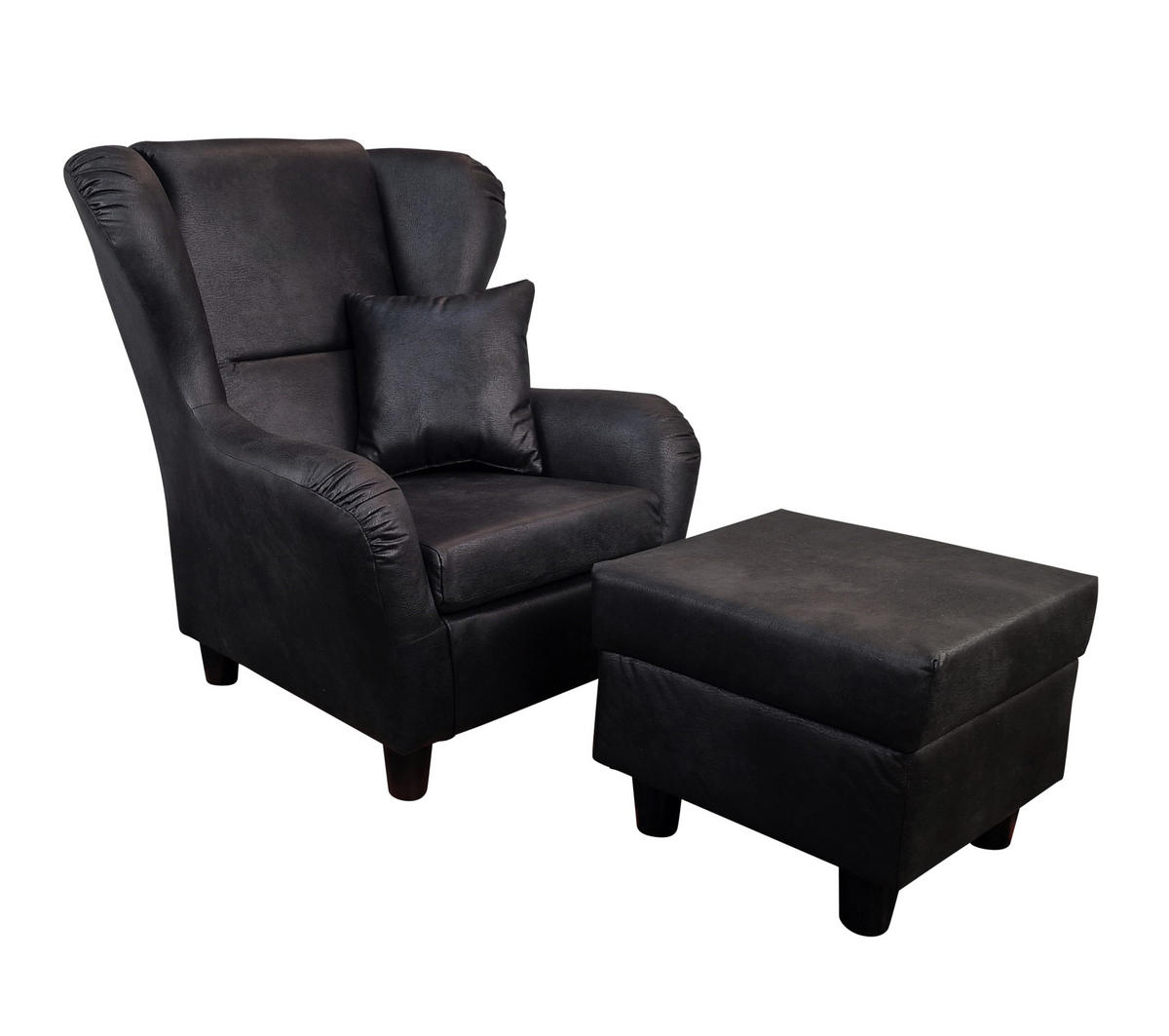 OHRENSESSEL mit HOCKER, hoher Sitzkomfort durch Wellenunterfederung B90/H98/T76 cm, Mikrofaser Leder-Optik Vintage Schwarz / 18007 - Schwarz, Holz/Textil (90/98/76cm) - luma-home