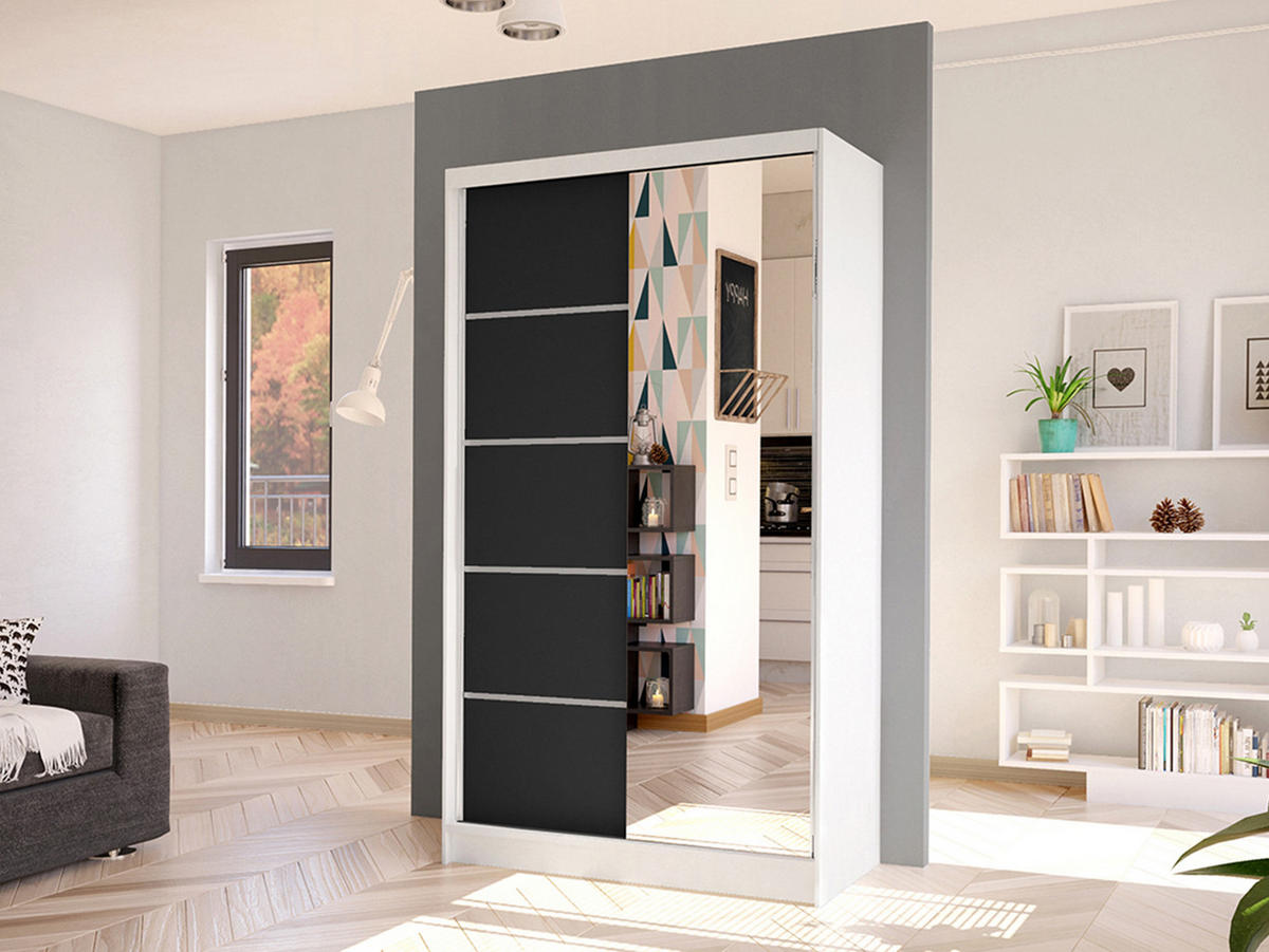 SCHWEBETÜRENSCHRANK Diego III - Schwarz/Weiß, Holzwerkstoff/Metall (100/200/58cm) - MIRJAN24