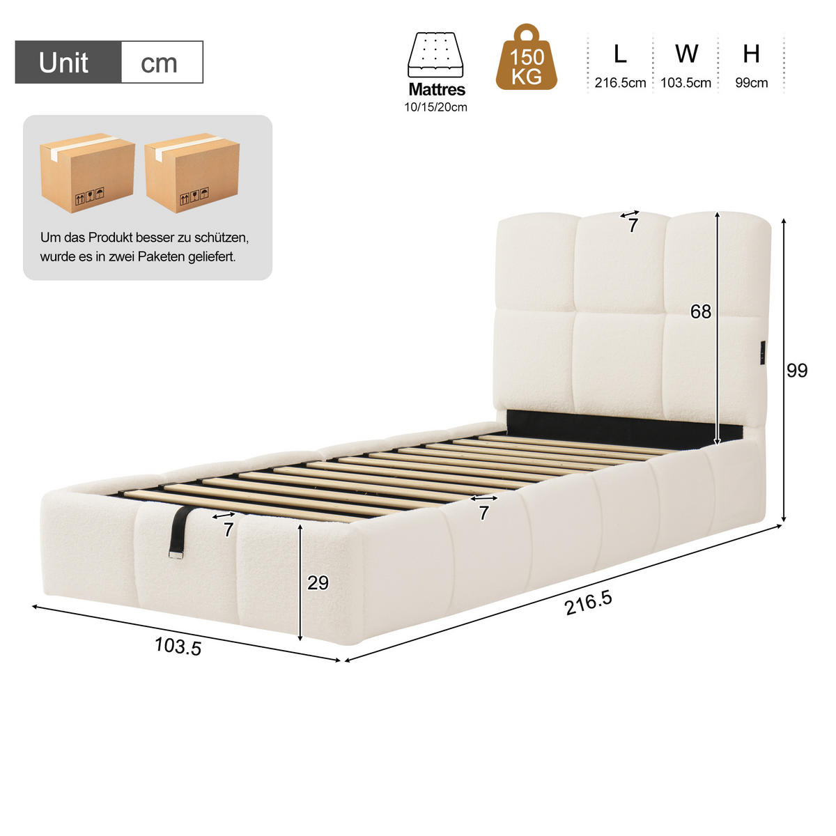 POLSTERBETT 90/200 cm in Beige Bouclé mit Stauraum und USB-C - Beige, Holzwerkstoff/Textil (90/200cm) - WISHDOR