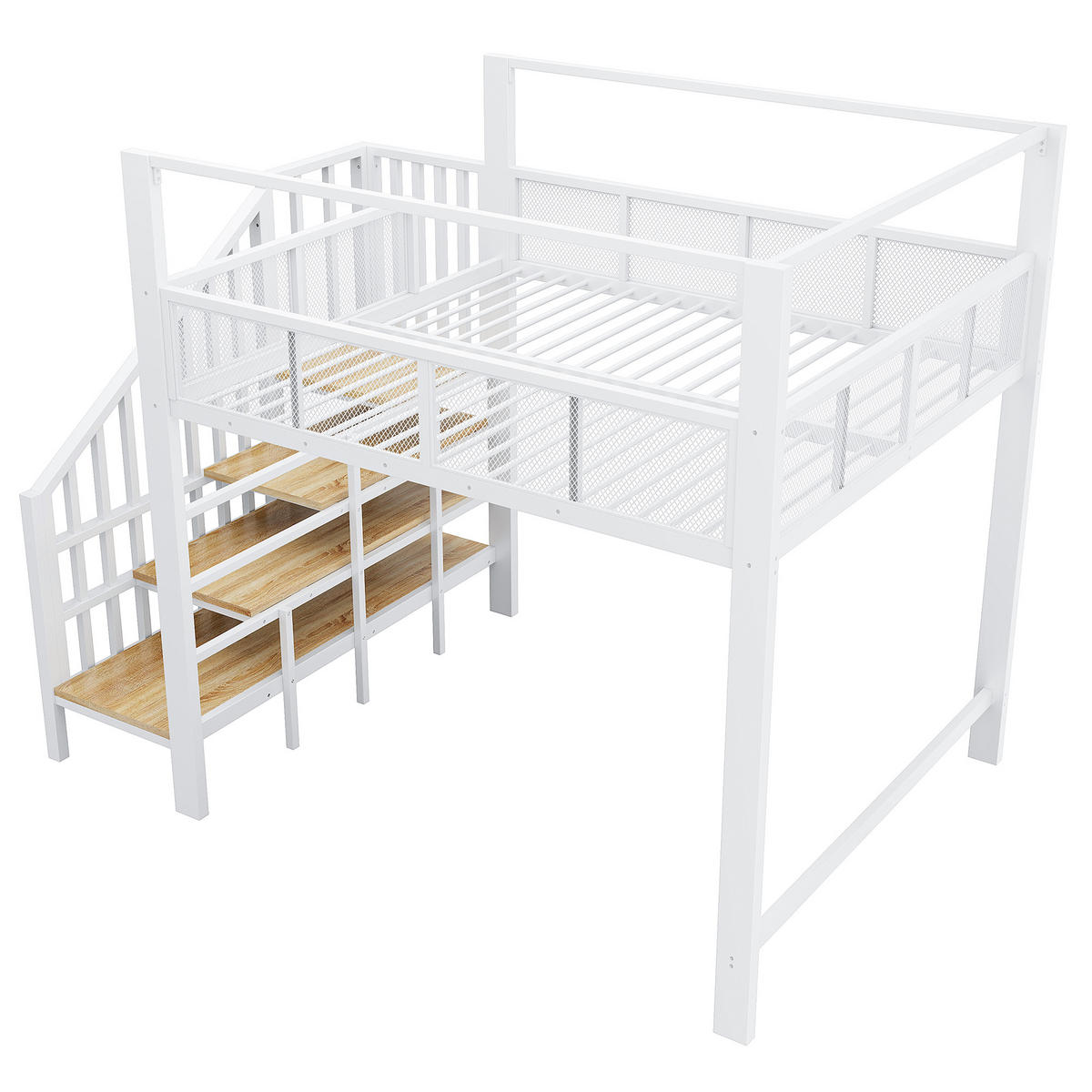 HOCHBETT Weiß 140×200cm mit Baldachin, Stauraumtreppe und freier Arbeitsfläche unter dem Bett - Weiß, Metall (140/200cm) - Luhomfu