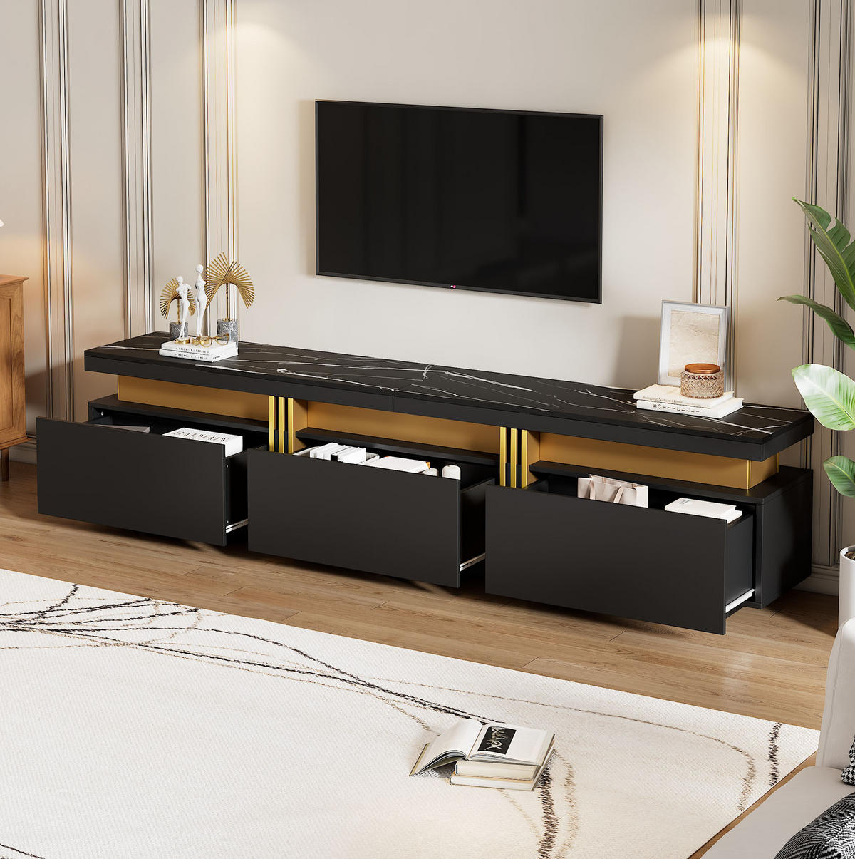 TV stolek 200/40/42 cm černý z dřevotřísky se 3 zásuvkami a vedením kabelů - černá, kompozitní dřevo (200/42/40cm) - OKWISH