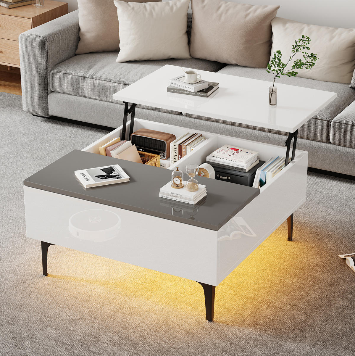 KONFERENČNÍ stolek z MDF, 70/70/35 cm bílý/šedý, výškově nastavitelný s LED a úložným prostorem - bílá, kompozitní dřevo (70/70/35cm) - BEAOK