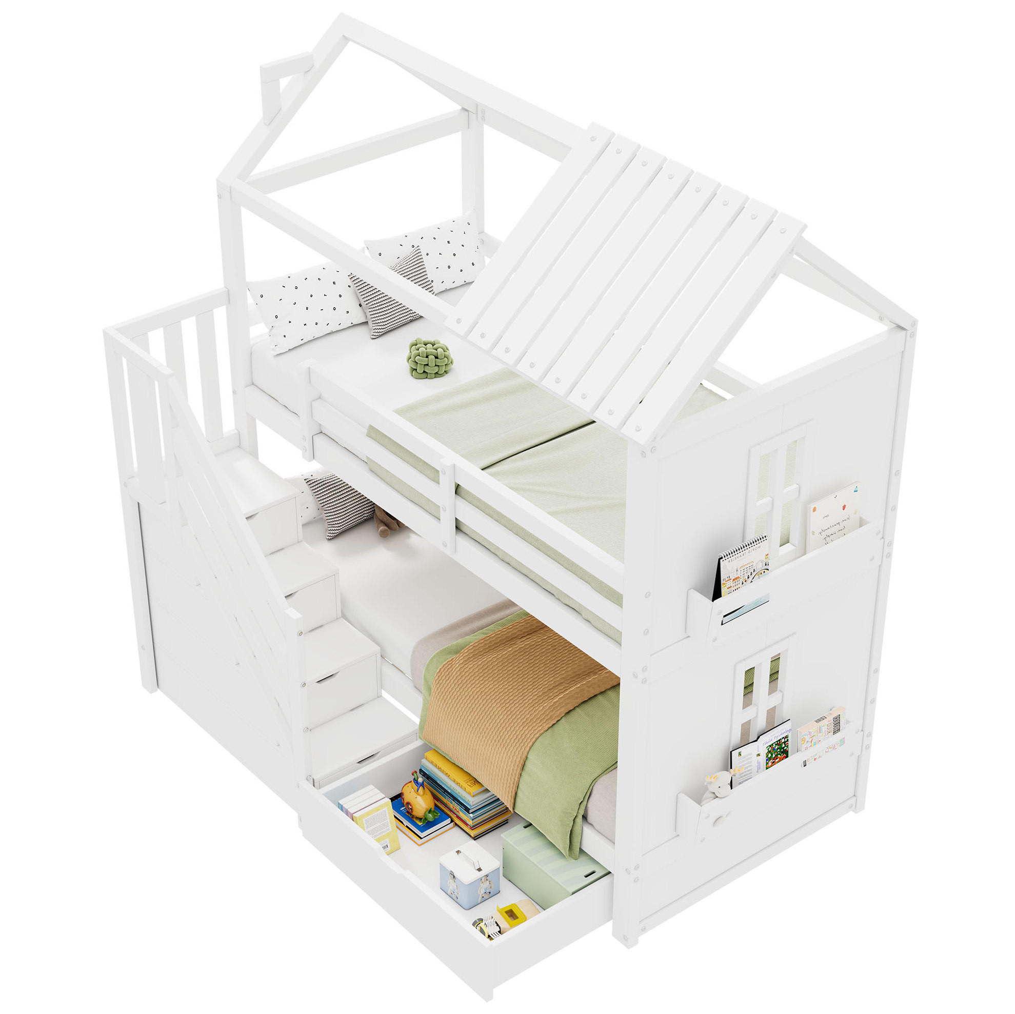 HAUSBETT 90/200 cm in Weiß mit Stauraumtreppe und Schubladen - Weiß, Holz (90/200cm) - BEAOK