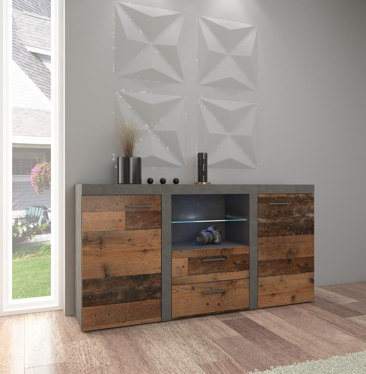 SIDEBOARD OKTAWIA 2F2S LED - Graphitfarben/Braun, Holzwerkstoff (157/20/40cm) - Meblini