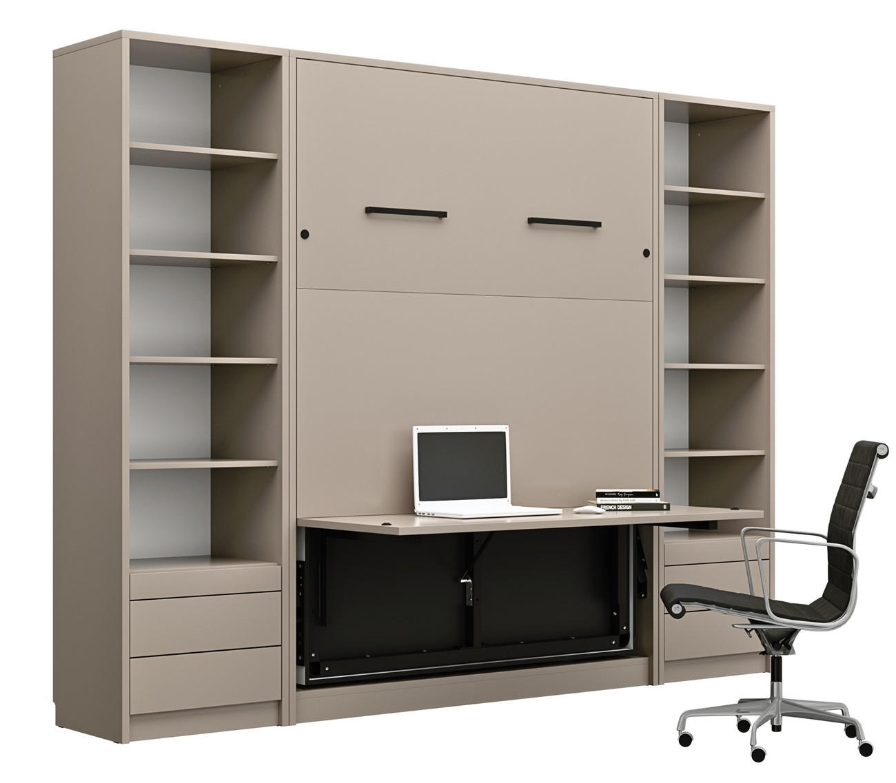 SCHRANKBETT vertikal GN140x200 mit Schreibtisch, LED und 2 Regalen - 3-teilig - Congo - Grau, Holzwerkstoff (140/200cm) - QMM TraumMöbel