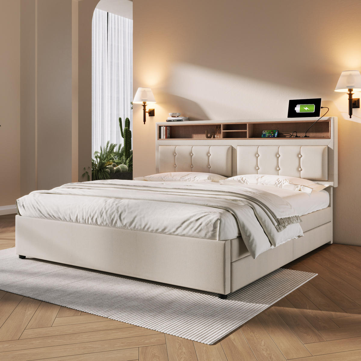 POLSTERBETT 140/200 cm Beige mit 4 Schubladen und USB-C Anschluss - Beige, Textil (140/200cm) - OKWISH