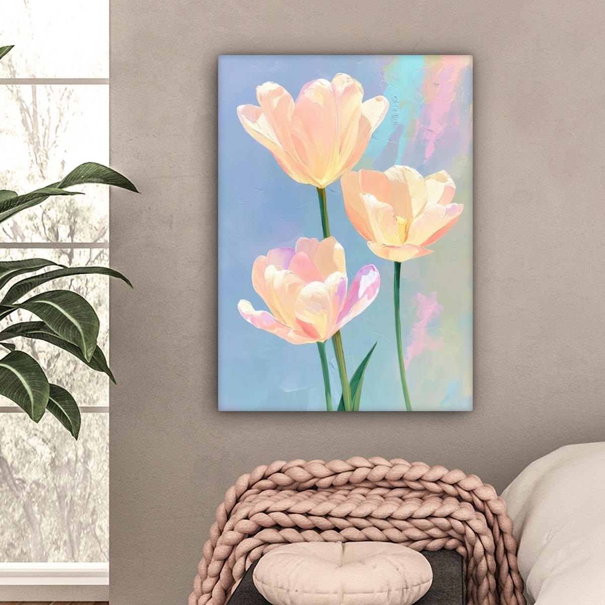 LEINWANDBILD Tulpen - Rosa Akzente - Blau Wandbild Wohnzimmer 60x80 cm - Pastellblau, Textil (60/80cm) - MuchoWow