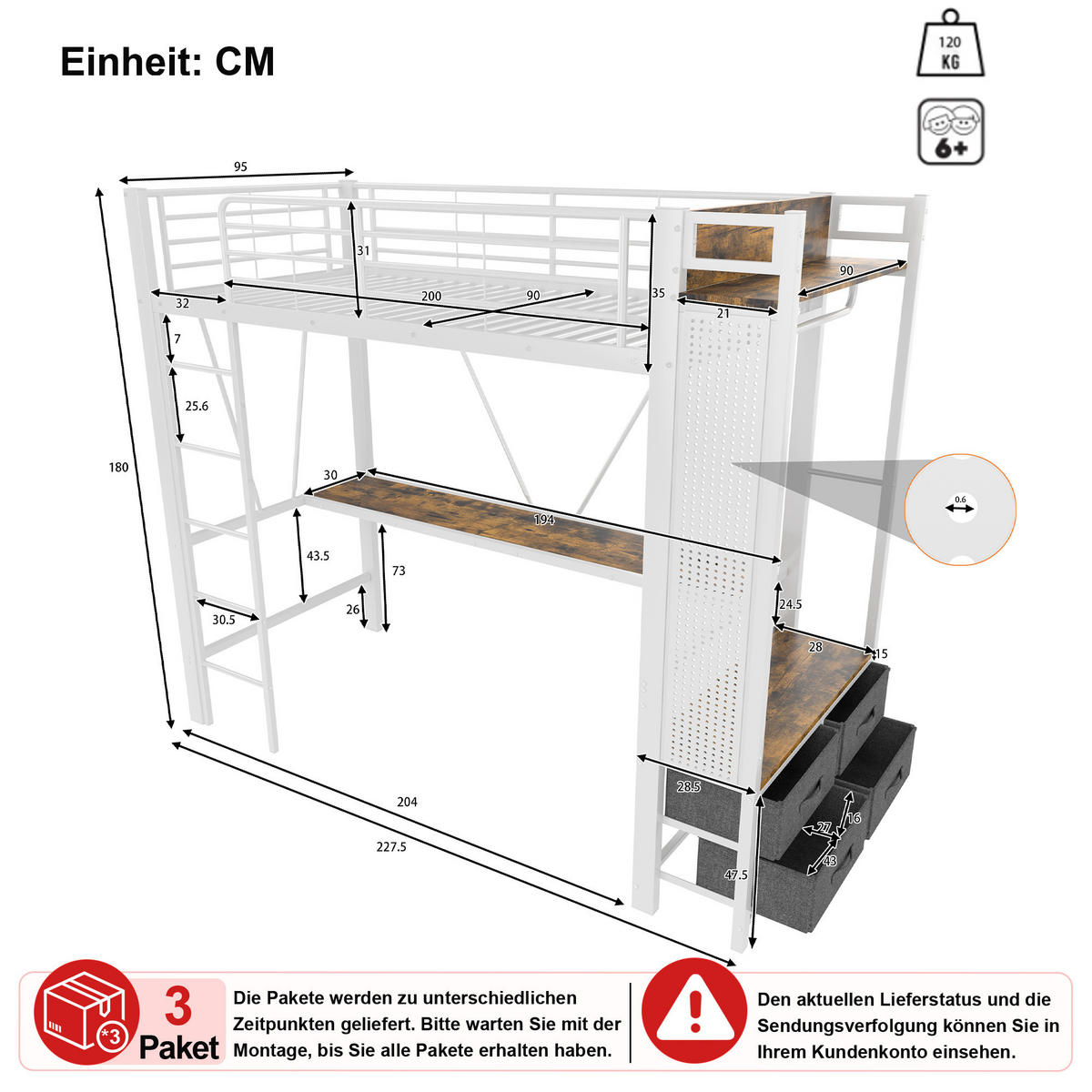 HOCHBETT 90/200 cm in Weiß mit Schreibtisch, 4 Schubladen, LED und USB - Weiß, Holzwerkstoff/Metall (90/200cm) - CHICFURN
