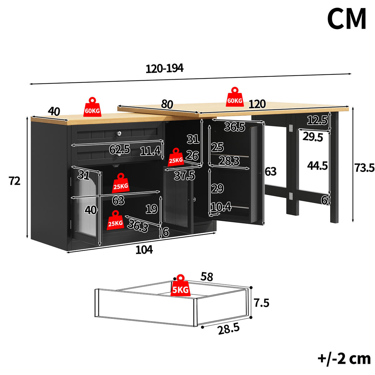 KÜCHENINSEL Ausziehbar 120 194cm 360° Drehbar Glastüren Schwarz - Schwarz, Metall (120/73.5/40cm) - FLIEKS
