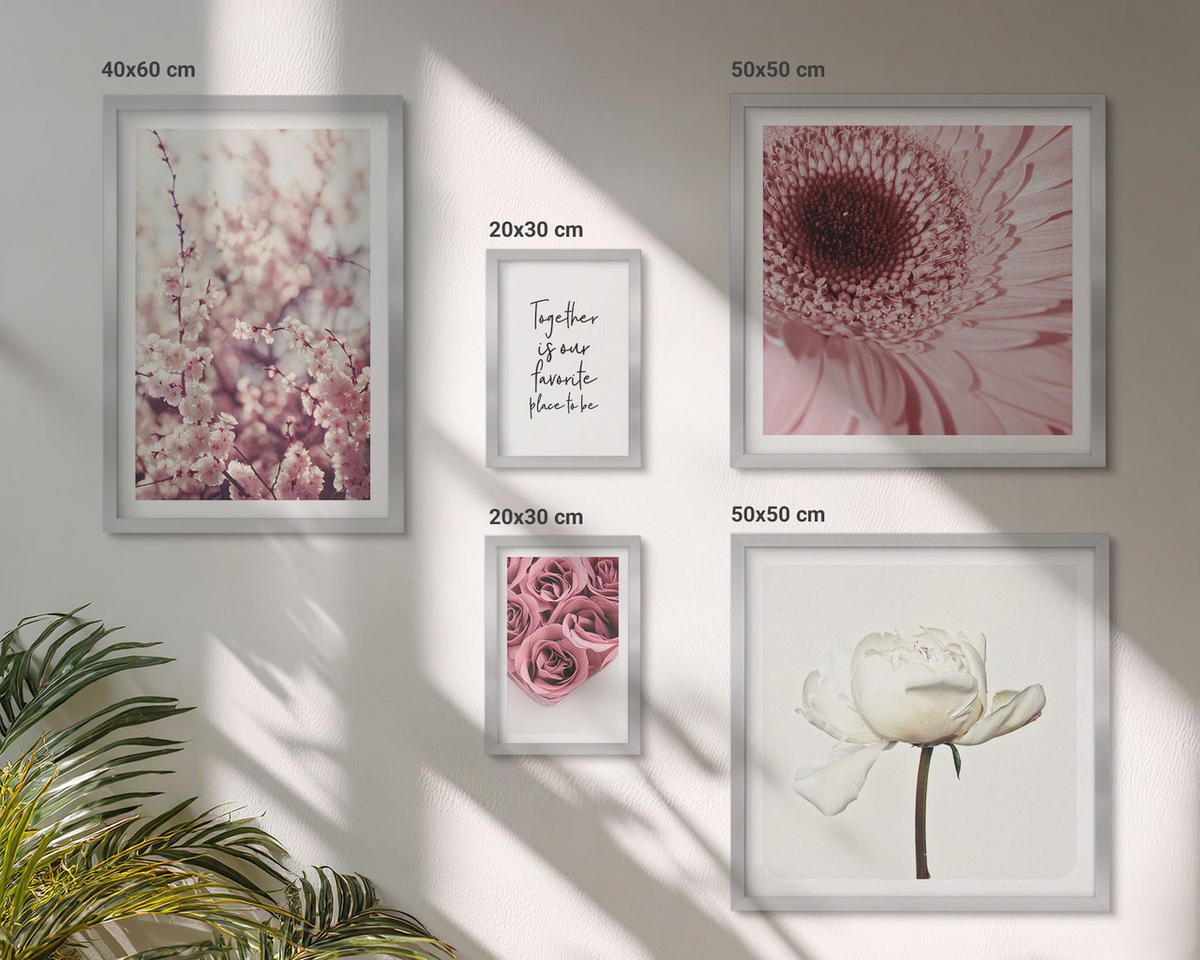 BILDER SET 5er Set - 50x50 cm & 20x30 cm & 40x60 cm Silberner Rahmen - Blumensträuße mit Rosen, Hausinschrift - Silberfarben, Kunststoff (40/60cm) - TULUP