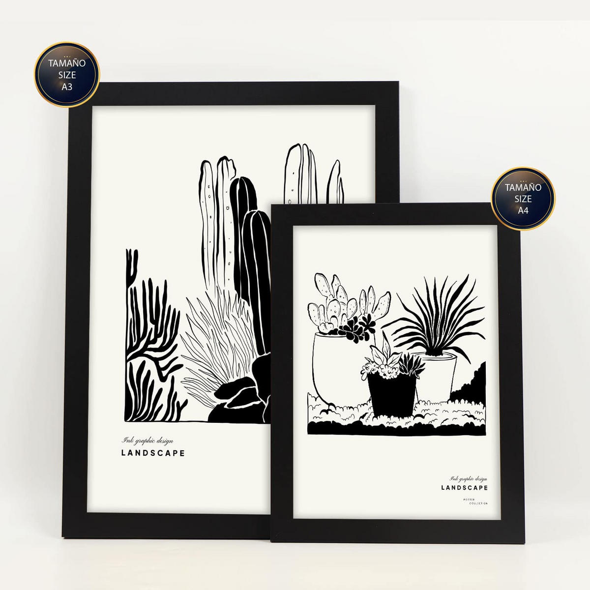 POSTER Set Mit 6 In Schwarzer Tinte Hinterhof Künstlerische Und Abstrakte Drucke Für Innenarchitektur A3 & A4 Schwarzer Rahmen - Schwarz, Papier (29/3cm) - Nacnic