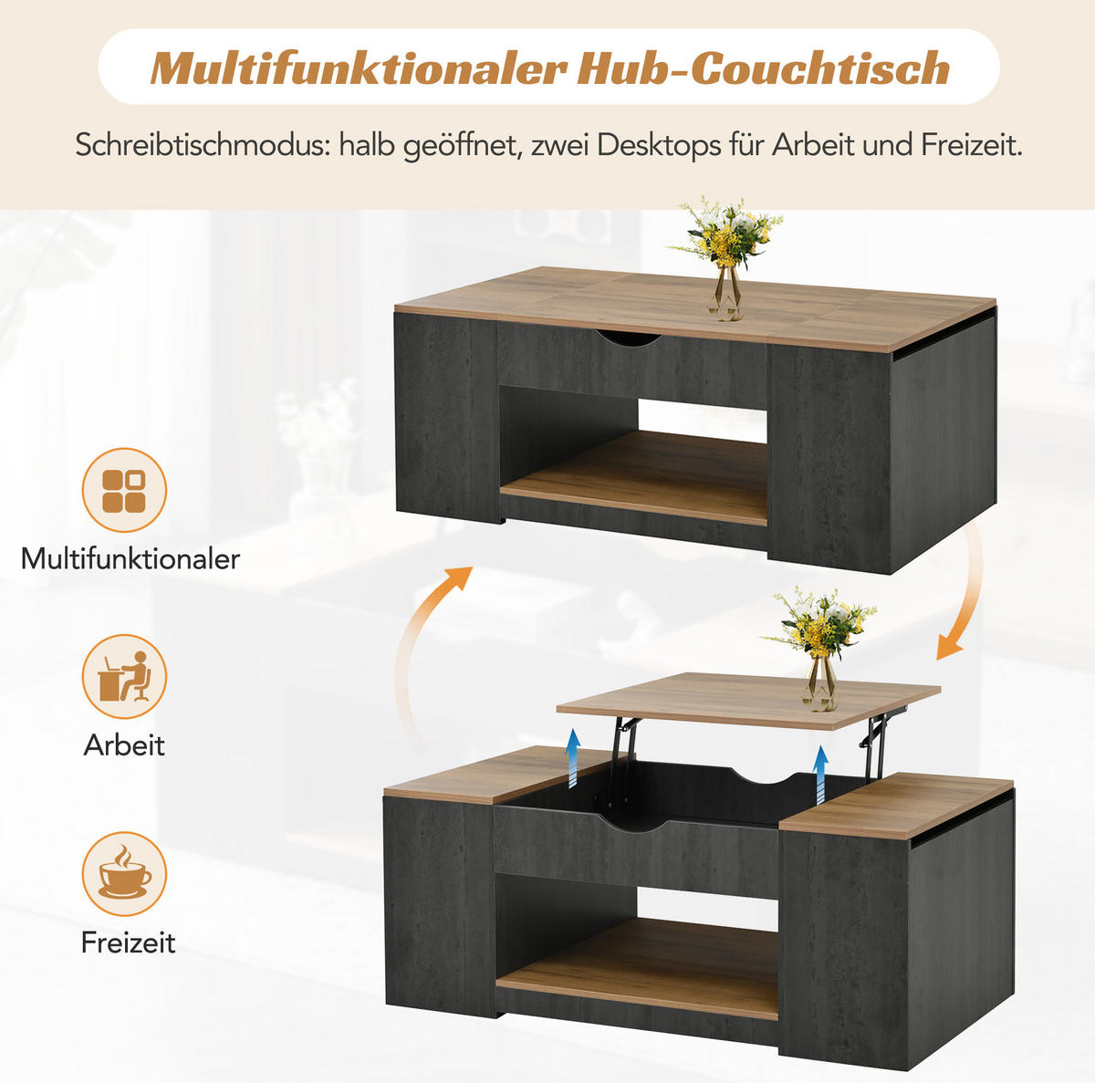 COUCHTISCH aus MDF 109,5x59,7x43 cm Grau/Braun mit Liftfunktion und Stauraum - Grau, Holzwerkstoff (109.5/59.7/57.4cm) - IVMEU