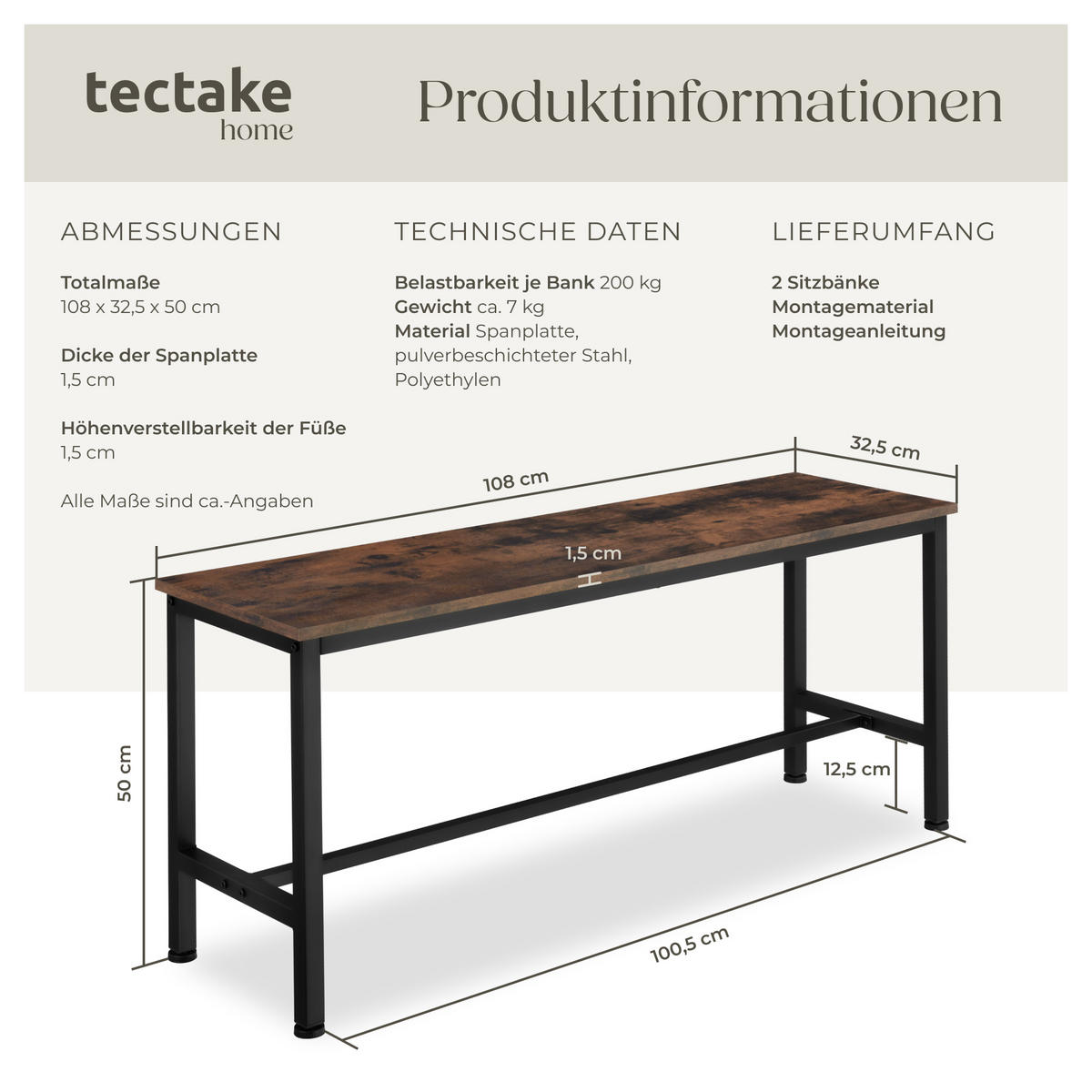 SITZBANK 2er Set Fairfield,108 x 32,5 x 50 cm,Industrial Holz dunkel, rustikal - Rostfarben, Holzwerkstoff (32.5/50/108cm) - tectake