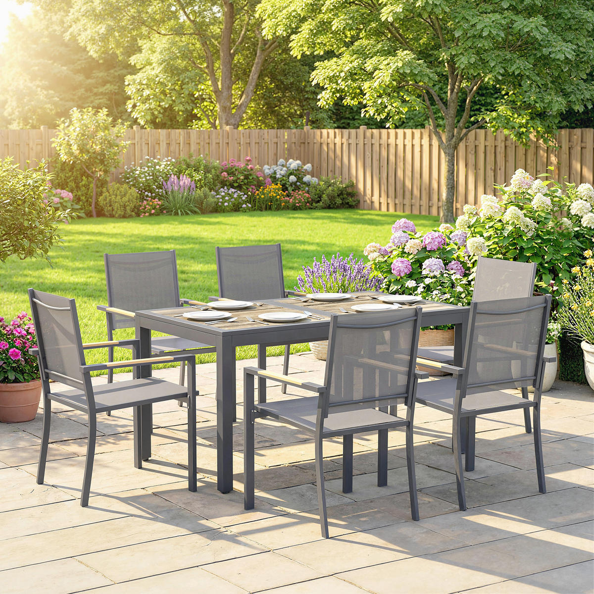 GARTENTISCHGRUPPE DE-18125 140 cm Holzoptik-Tisch, 6 Textilene-Stühle Grau - Dunkelgrau, Metall - ComfortXL