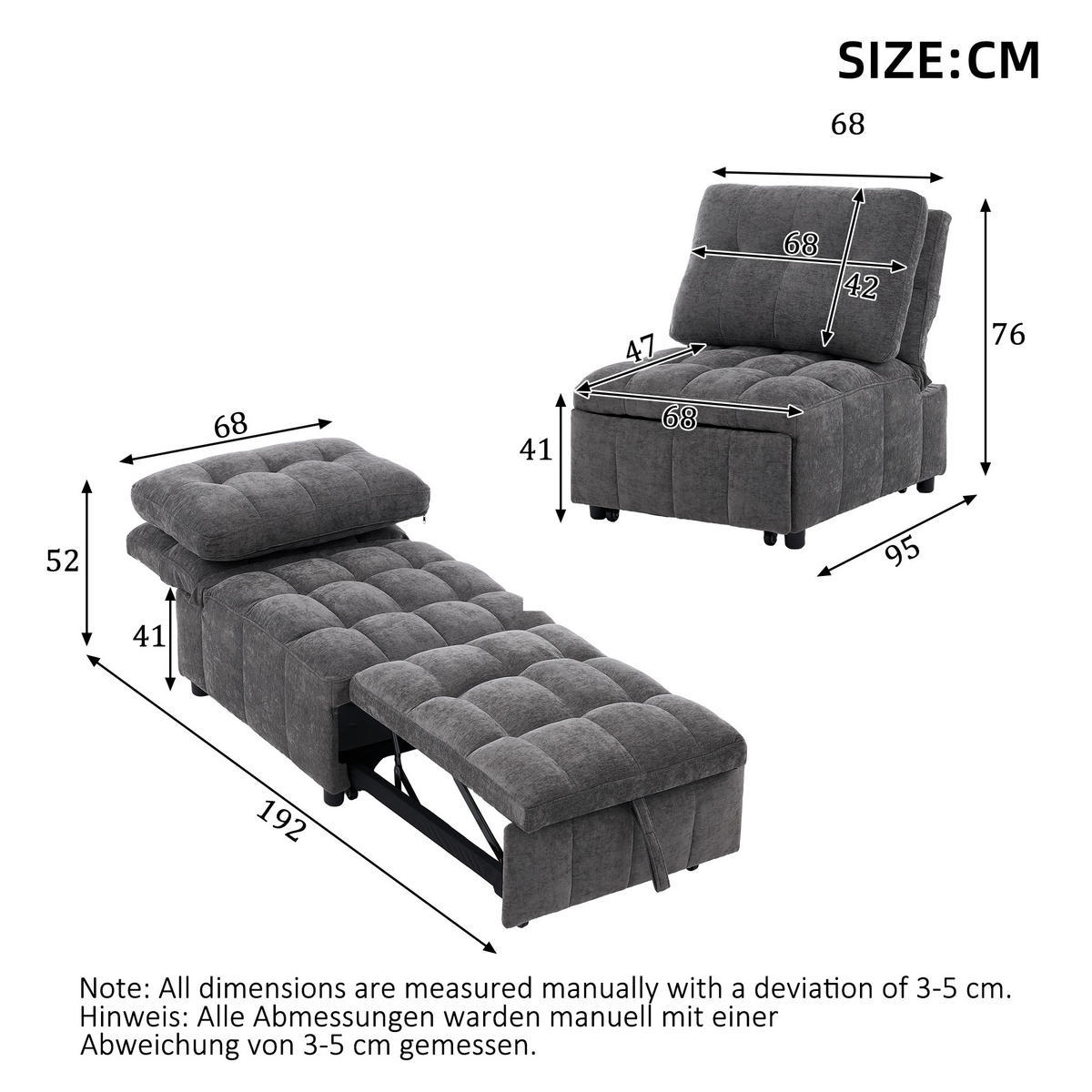 SCHLAFSESSEL, Stoff mit Ausziehfunktion & 3-fach verstellbarer Rückenlehne, 68/95/76 cm, Grau - Grau, Textil (68/76/95cm) - Redom