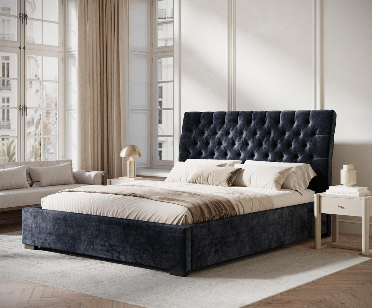 POLSTERBETT Vezzola Marineblau 180/200 cm im Chenille-Stoff - Schwarz/Naturfarben, Holz/Holzwerkstoff (180/200cm) - Maison de Reve
