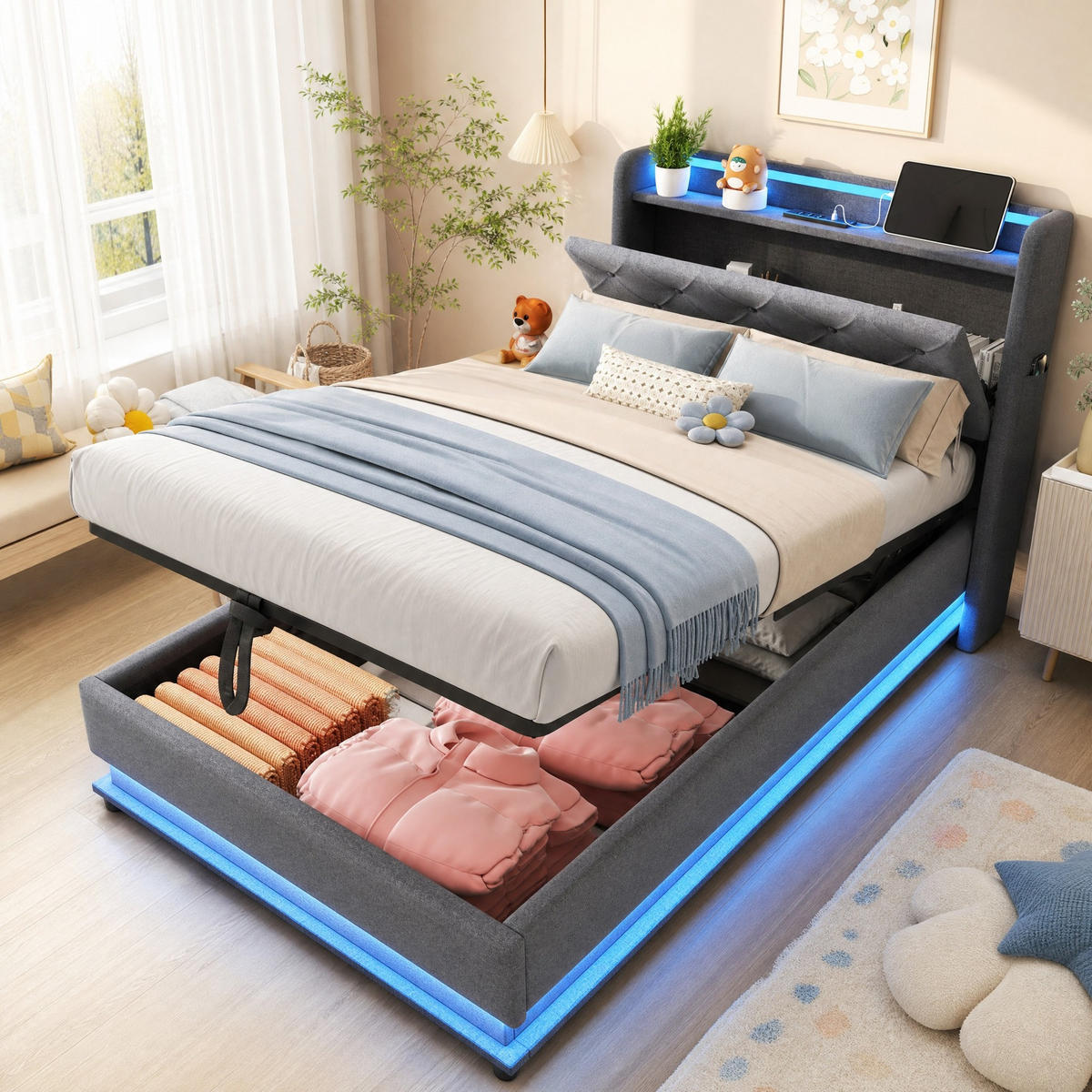 POLSTERBETT 90/200 mit Bettkasten, LED-Beleuchtung und USB-Anschlüssen in Grau - Grau, Holzwerkstoff/Textil (90/200cm) - EVRYAE
