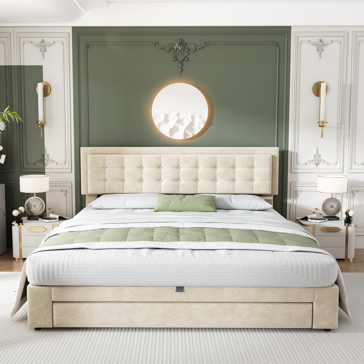 BETT mit Bettkasten und Schubladen 160x200 cm Samt Beige - Beige, Metall (160/200cm) - Meubliv