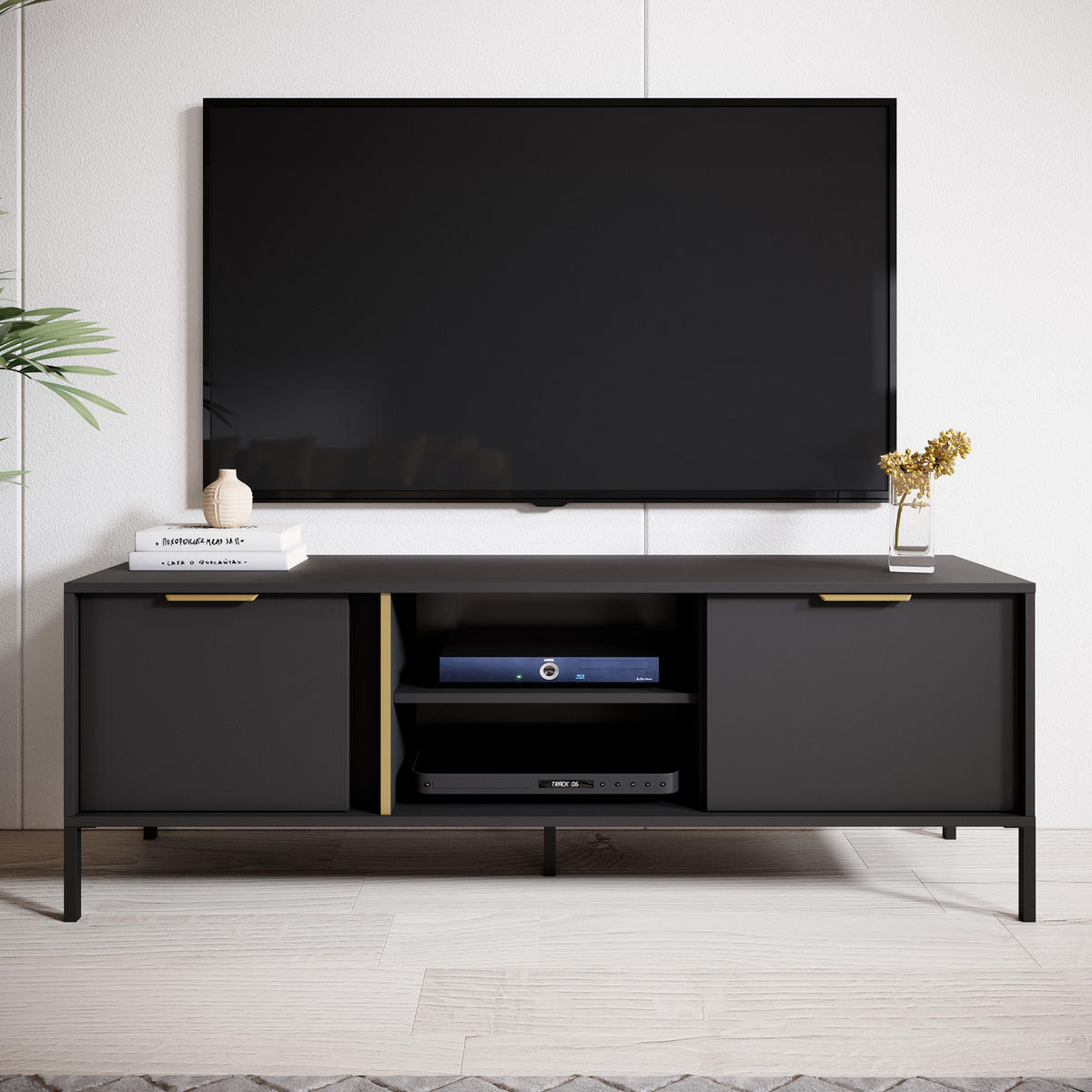 TV-LOWBOARD Valdi G 153 cm Anthrazit / Gold - mit 2 Türen und offener Nische - Anthrazit/Gelb, Holz/Holzwerkstoff (153/53/39cm) - Ravio