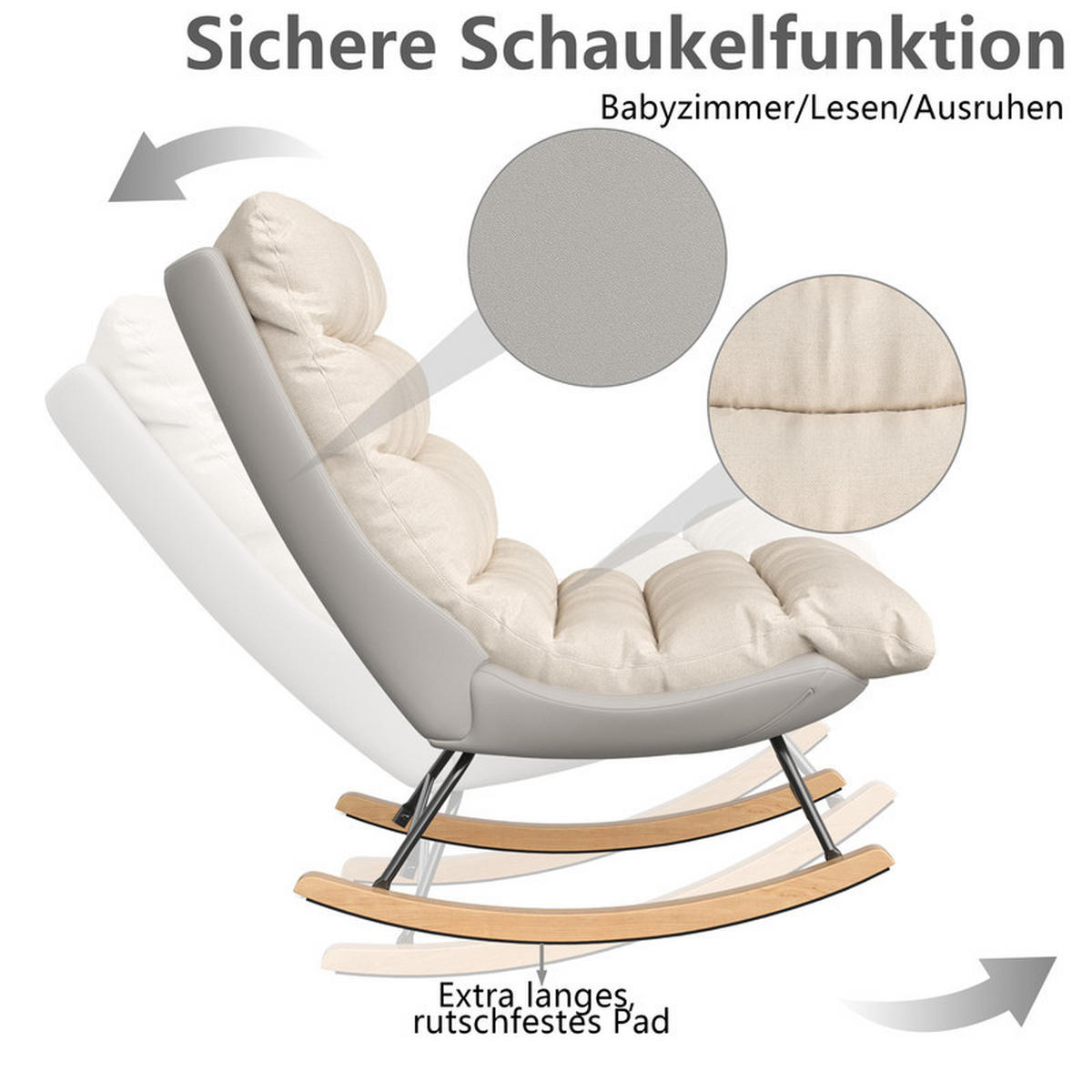 SCHAUKELSTUHL, Metallgestell, geräuschlose Holzbeine, abnehmbare Kissen, Leinen+technisches Tuch, Beige - Beige, Textil (72/93/83cm) - WoodenAura