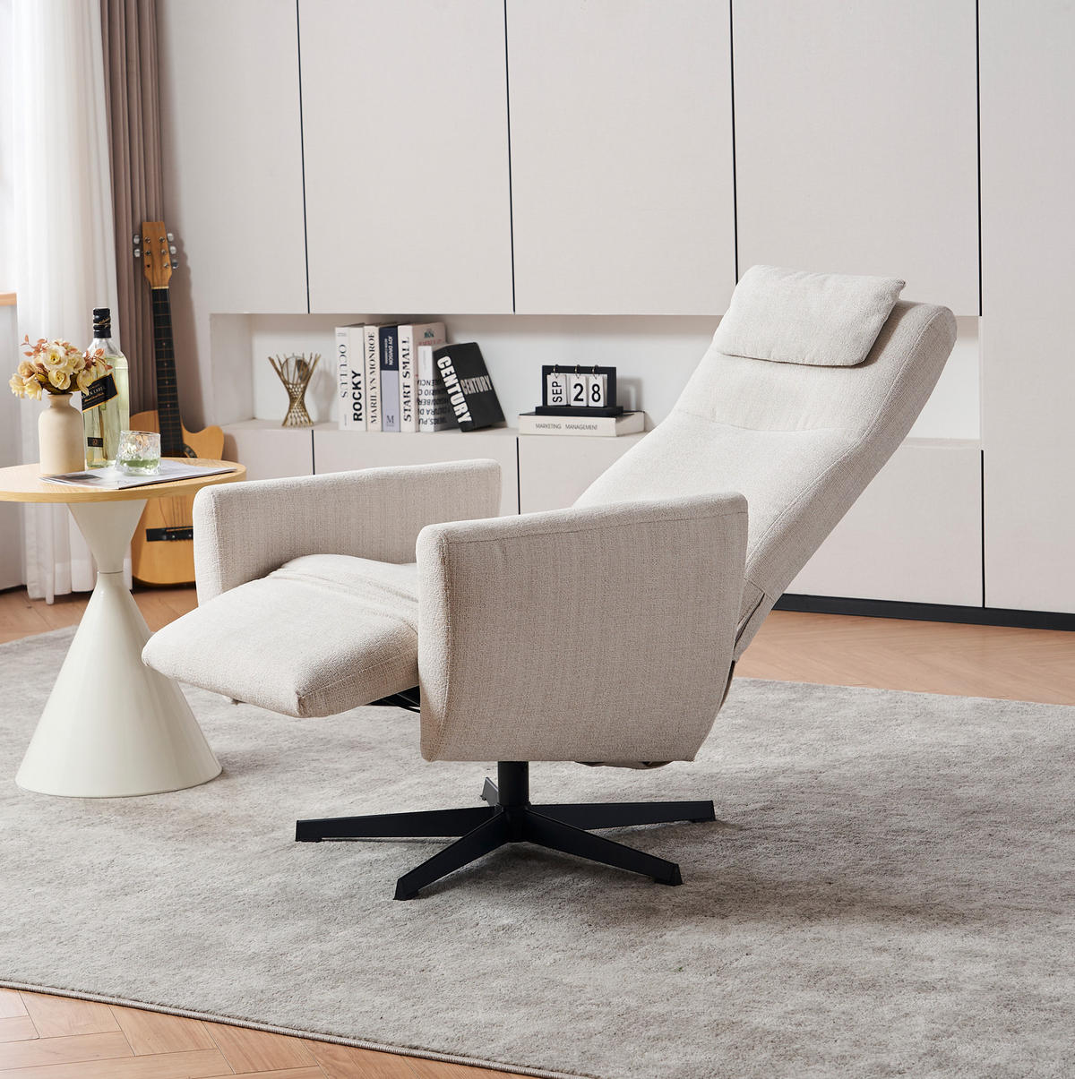 RELAXSESSEL Chenille mit Liegefunktion und 360° Drehfunktion 67/80.5/110 cm Beige - Beige, Textil (80.5/110/67cm) - Redom