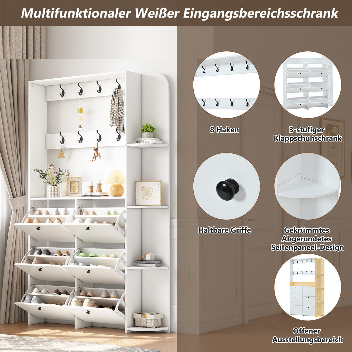 SCHUHSCHRANK in Weiß Schuhkommode mit Schuhkipper, 8 Haken, 5 Ablagen & Klapptür, Flur/Eingangsbereich, B120/T24/H200cm - Weiß, Holzwerkstoff (120/200/24cm) - STILVORA