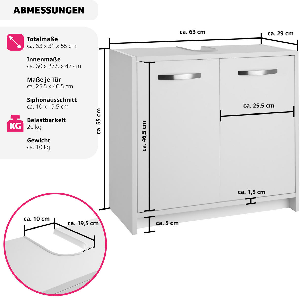 WASCHBECKENUNTERSCHRANK Katalina,63 x 31 x 55 cm ,weiß - Weiß, Holzwerkstoff (63/55/29cm) - tectake