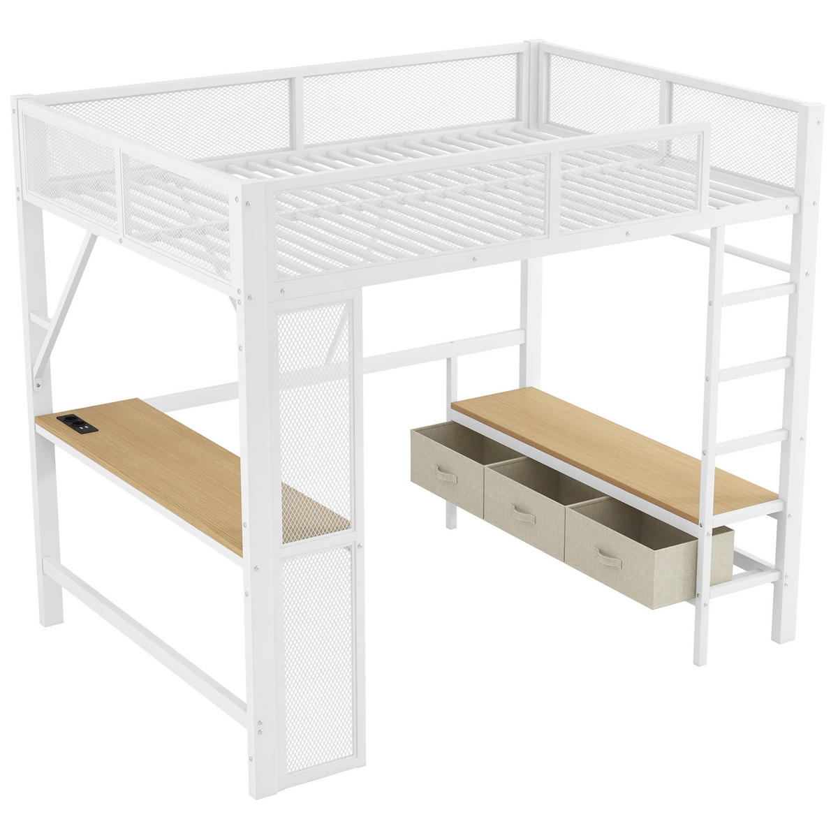 HOCHBETT 140/200 cm aus Metall und MDF mit LED, USB, Schreibtisch und Stauraum Weiß - Weiß, Holzwerkstoff (140/200cm) - Modenvie