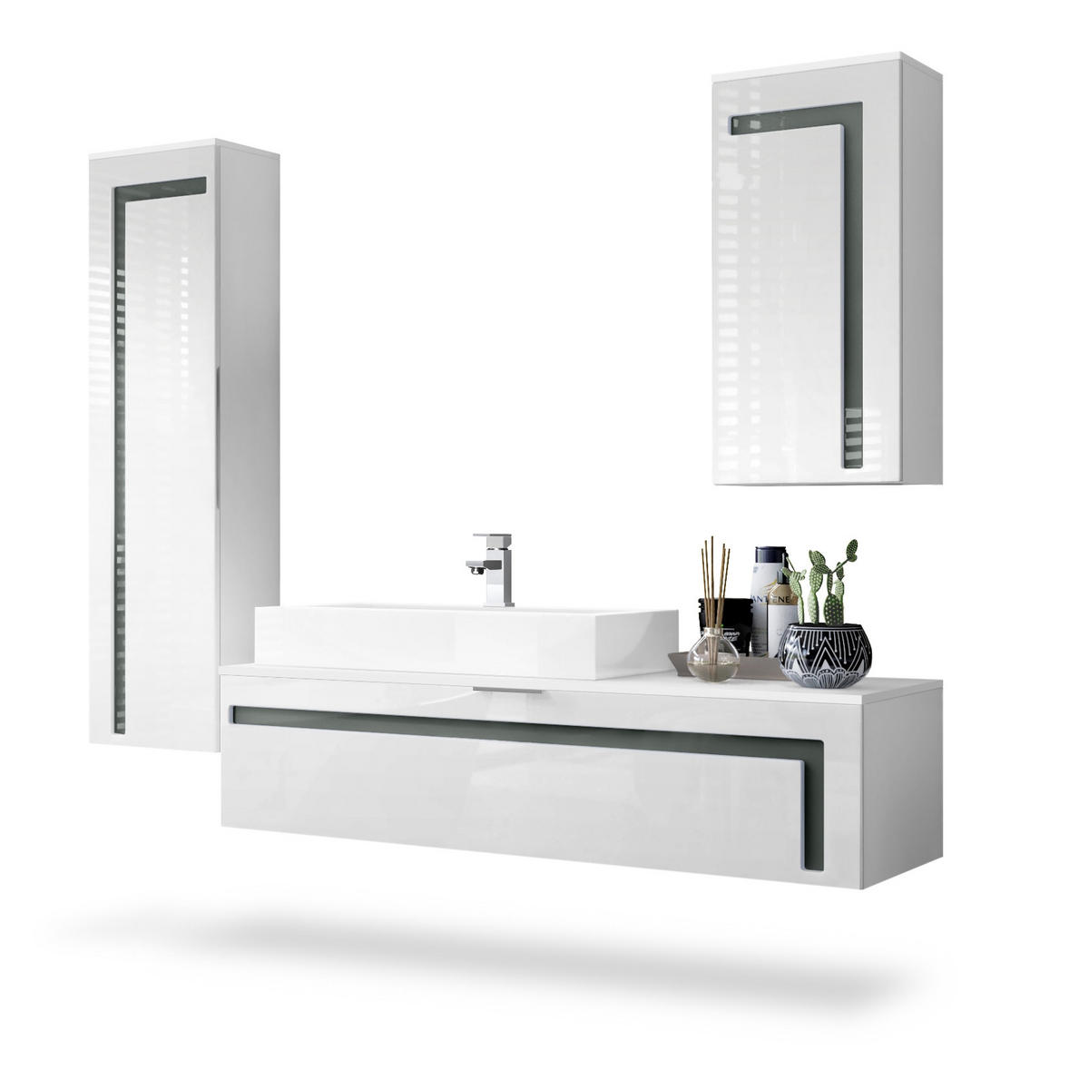 BADMÖBELSET Aloha Absetzungen in Grau Hochglanz - Grau, Holzwerkstoff (210/185/51cm) - Vladon