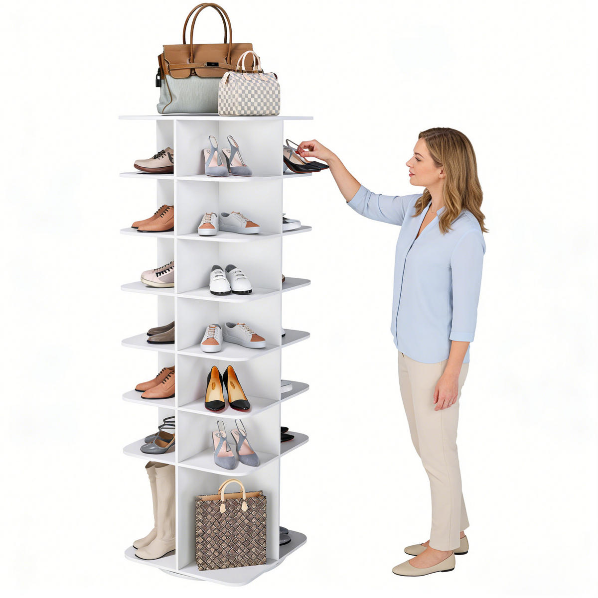 SCHUHREGAL 60/60/184 cm in Weiß drehbar mit 7 Ebenen - Weiß, Holzwerkstoff (184/60/60cm) - Flora Grace