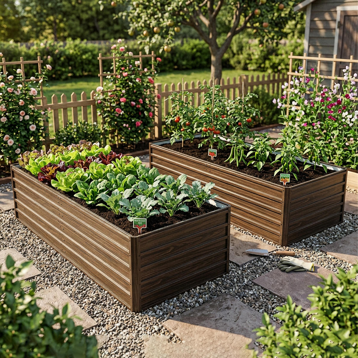 HOCHBEET 190/90/64 cm Holzmaserung (2 Stück) - Naturfarben, Metall (90/64/190cm) - Oxeza