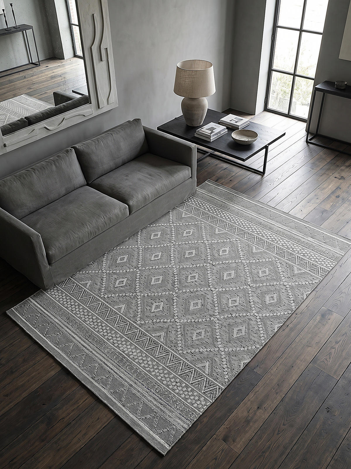 TEPPICH Flachgewebe ESERA Ethno-Rauten Polypropylen Grau 140 x 200 cm - Grau, Textil (140/200cm) - KADIMA DESIGN