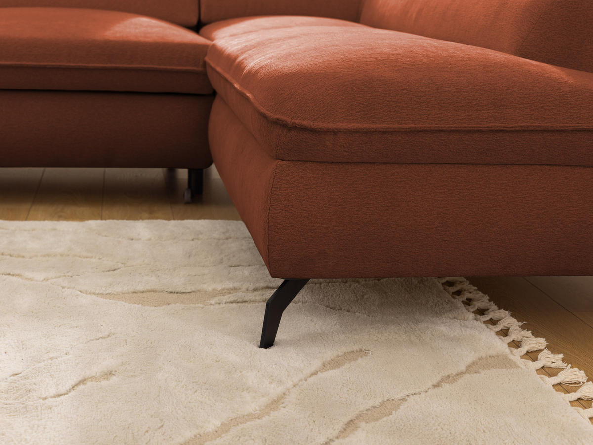 ECKSOFA mit Schlaffunktion und Bettkasten Bonnie aus Terrakotta Chenille-Stoff mit verstellbaren Kopfstützen und Armlehne - Ottomane rechts - Terracotta/Schwarz, Holz/Textil (275/210cm) - S-Style Möbel